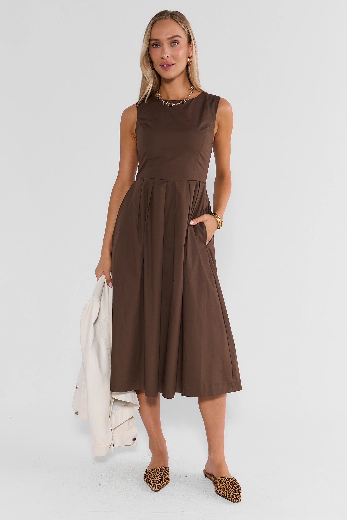 Brown Pleated Midi Dress