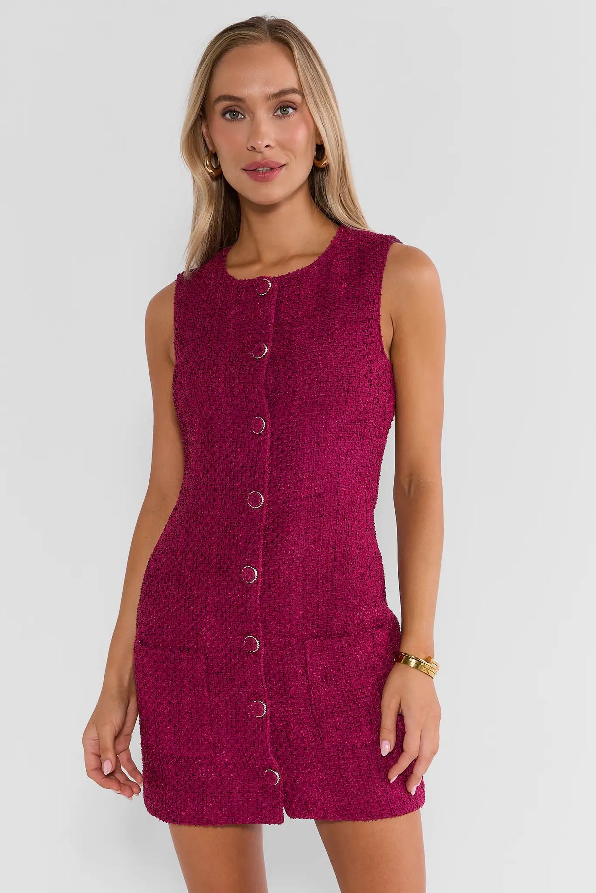 Burgundy Tweed Button Up Short Dress