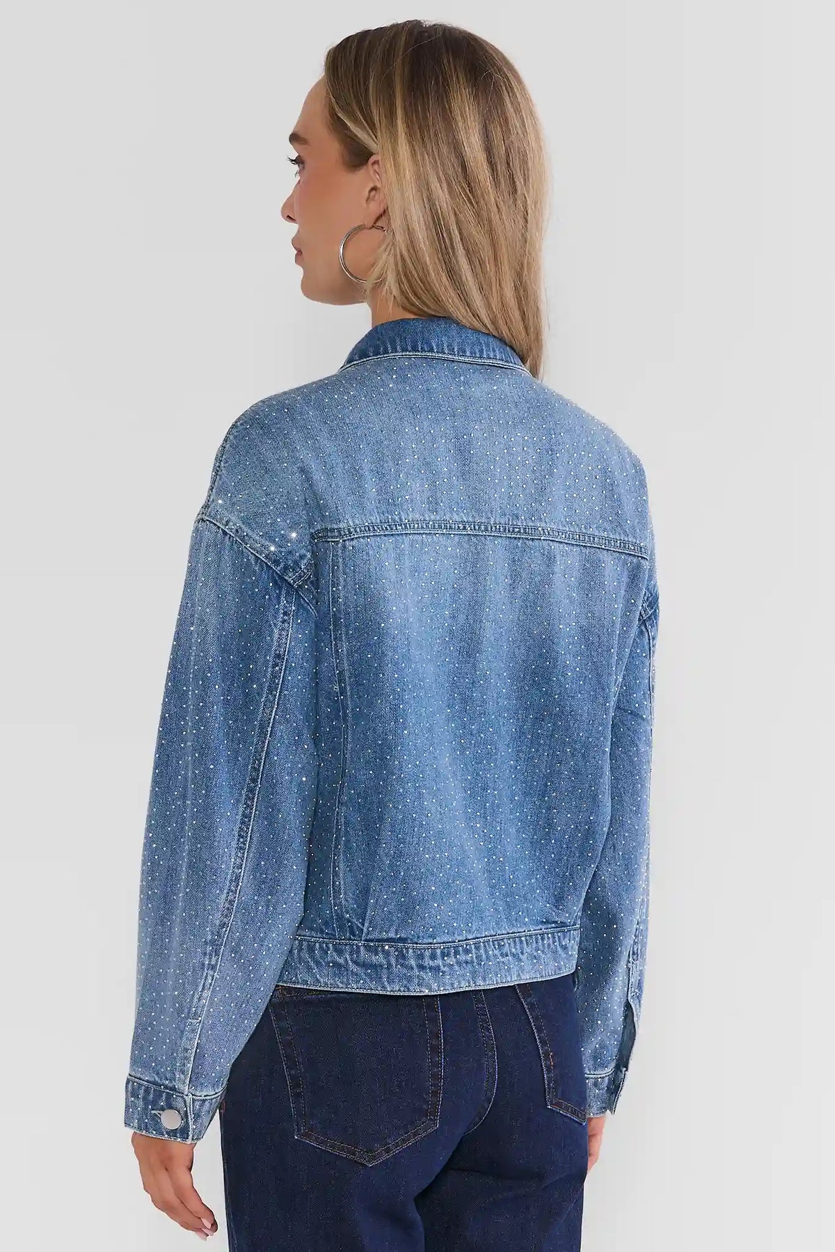 Medium Wash Rhinestone Denim Jacket - Back View On Model | Avara