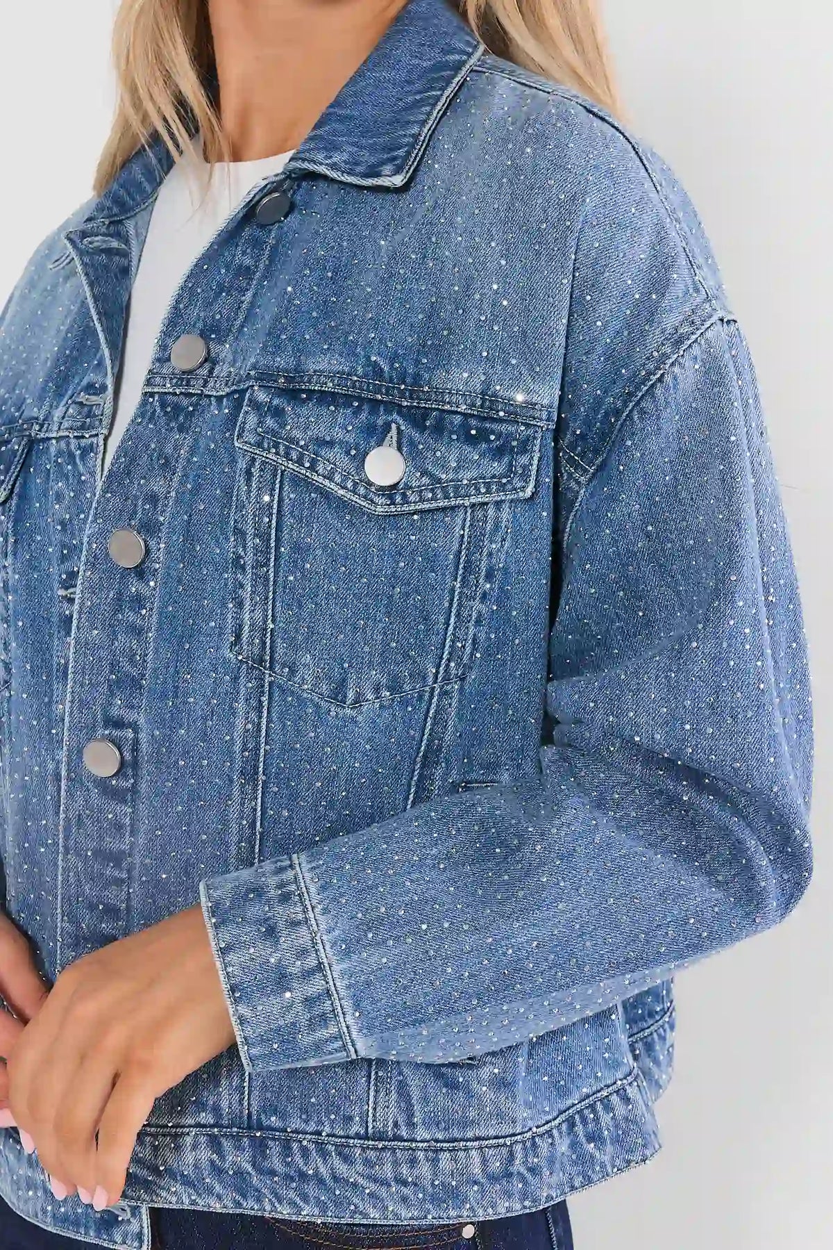 Medium Wash Rhinestone Denim Jacket - Close-Up Rhinestone Detail | Avara