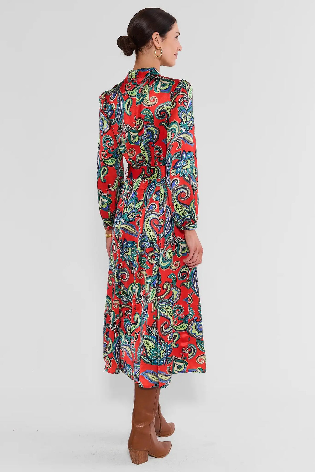 Red Floral Print Belted Midi Dress