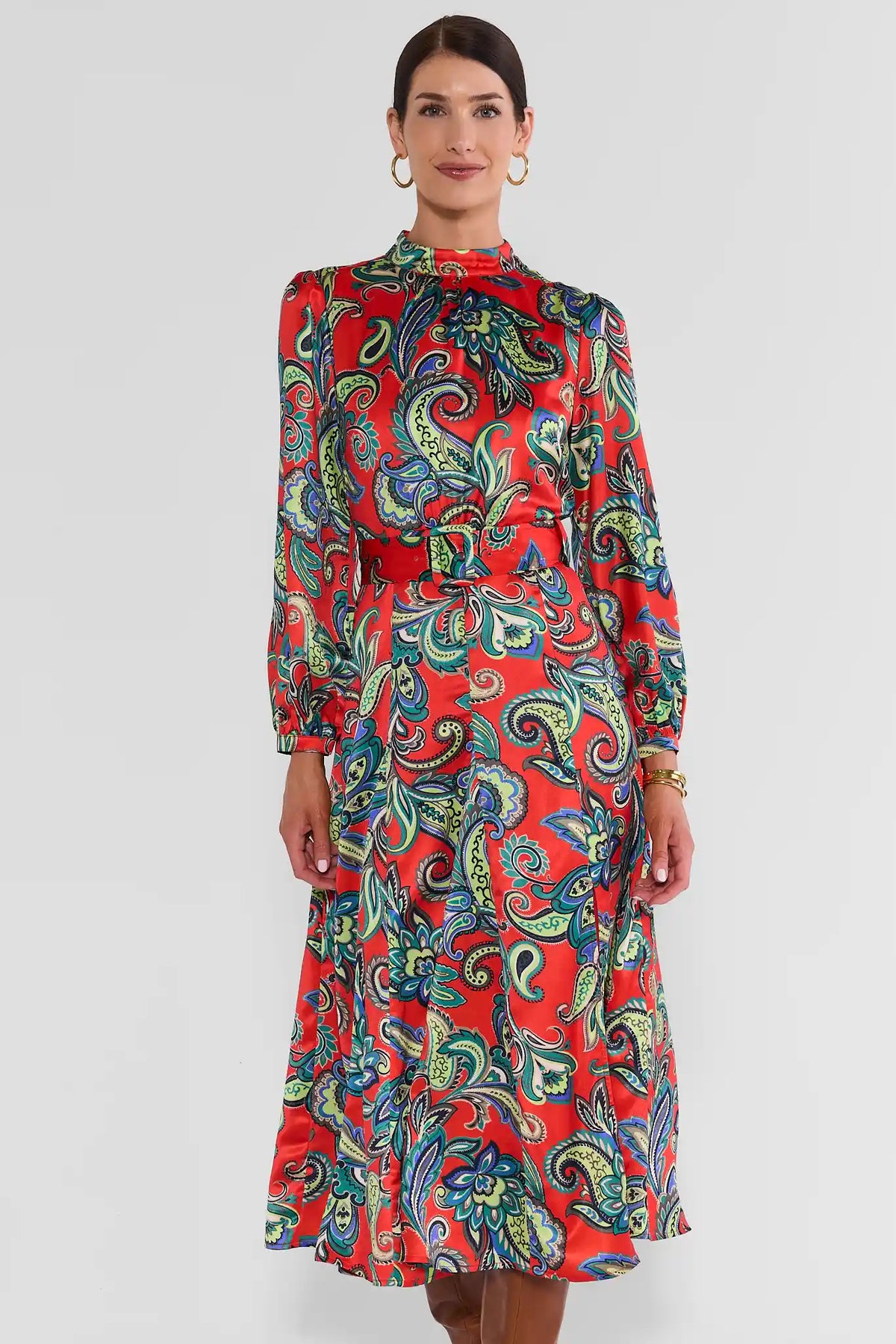 Red Floral Print Belted Midi Dress