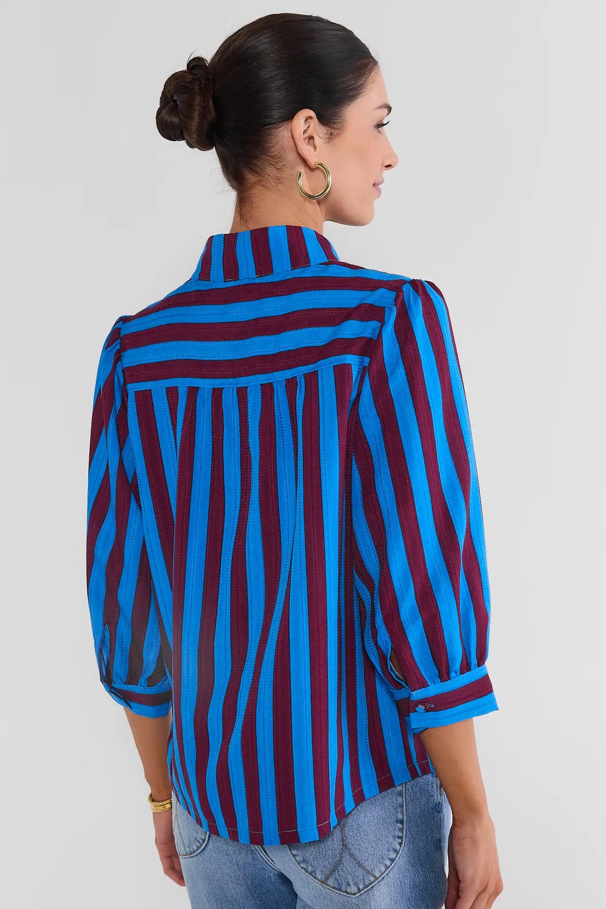 Blue Striped Stand Collar Top - Back View Showing Puff Sleeve and Yoke | Avara