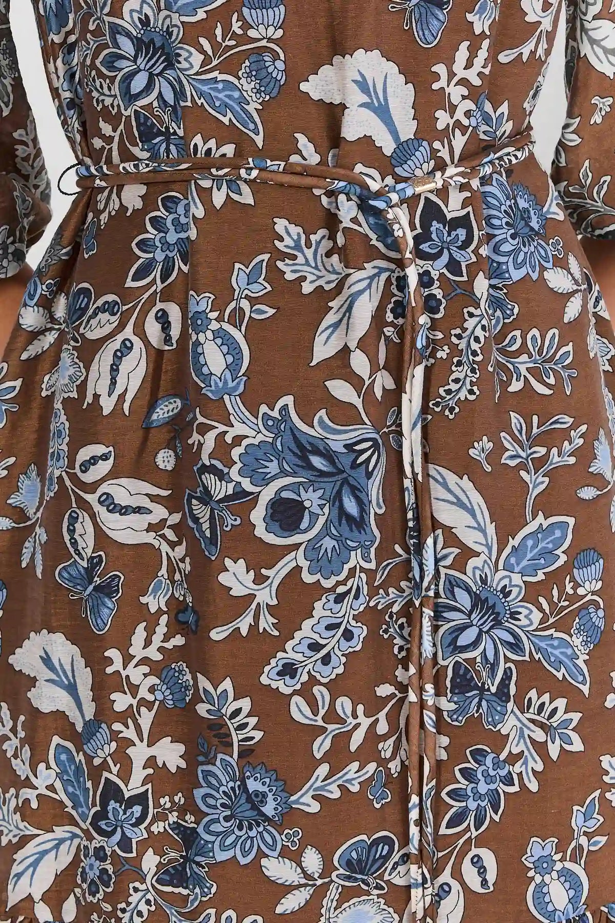 Brown Floral Belted Midi Dress