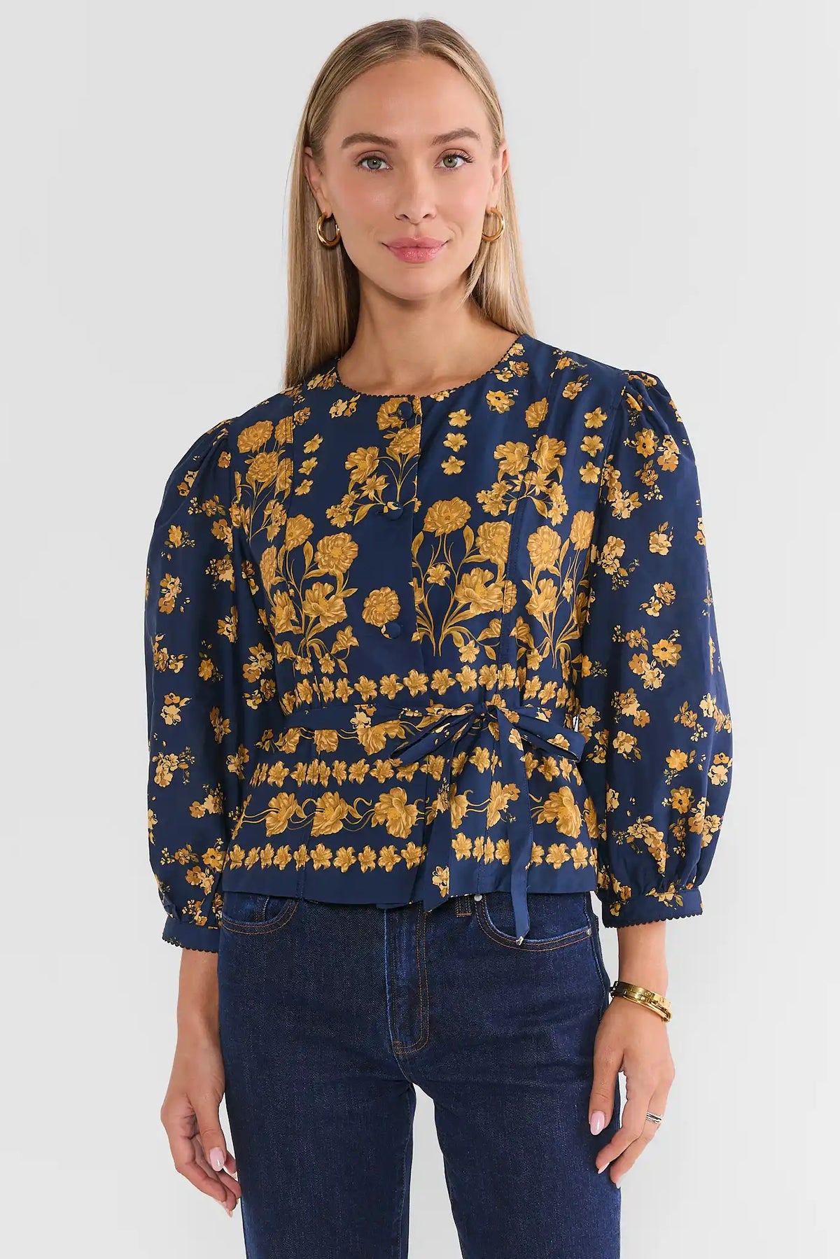 Navy Floral Printed Peplum Top