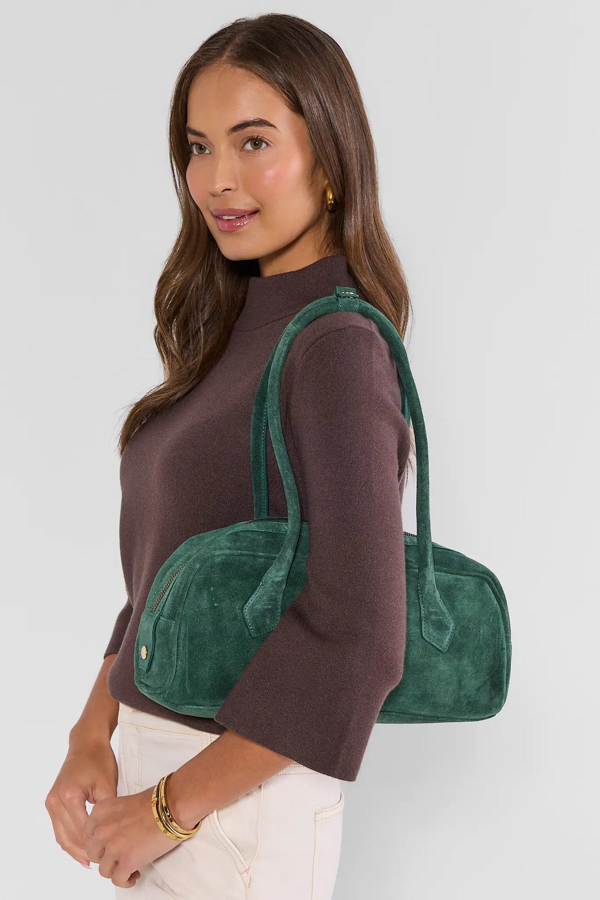 Green Suede Long Handle Shoulder Bag