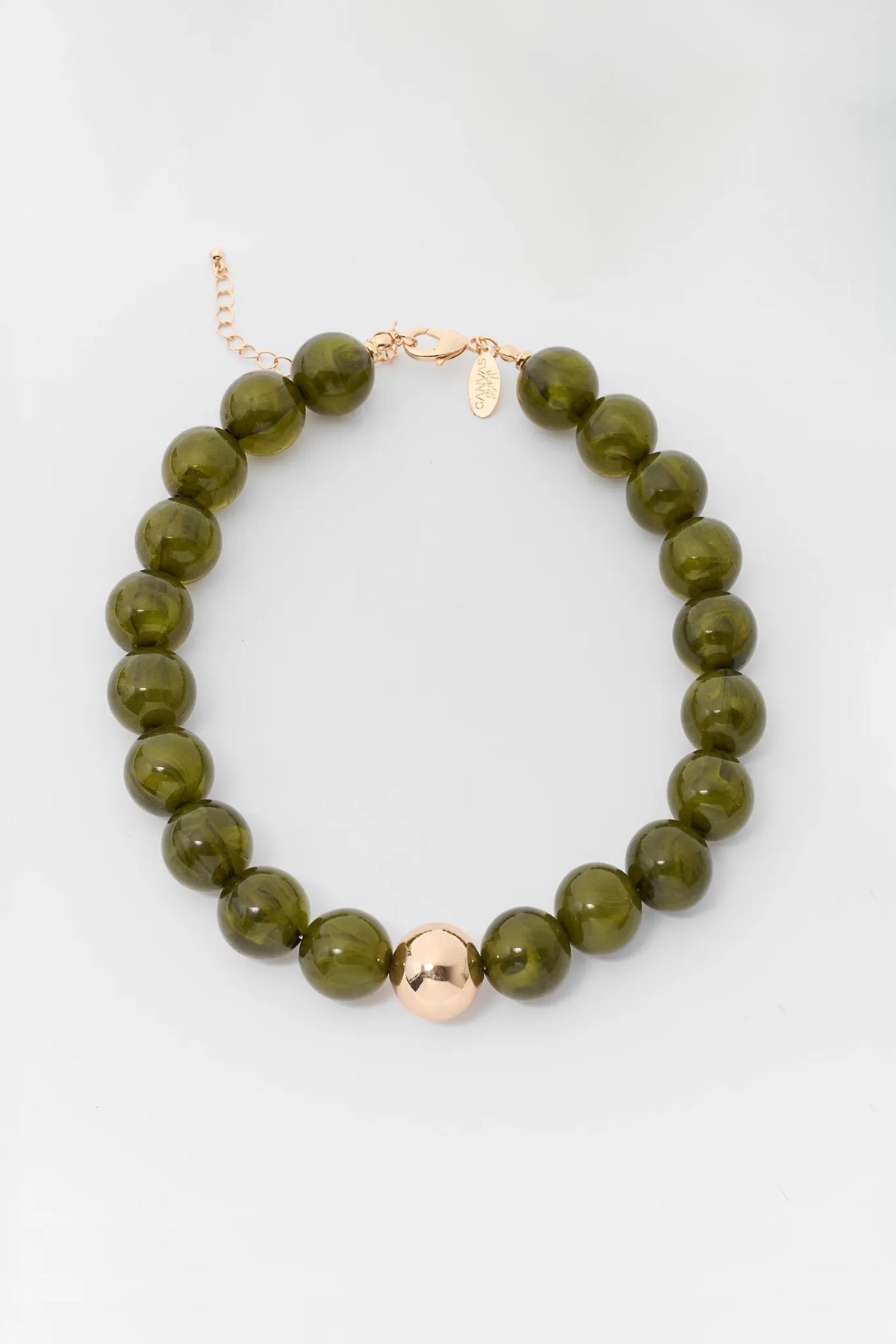 Dark Green Chunky Beaded Necklace with Gold Accent Bead - Flat Lay | Avara