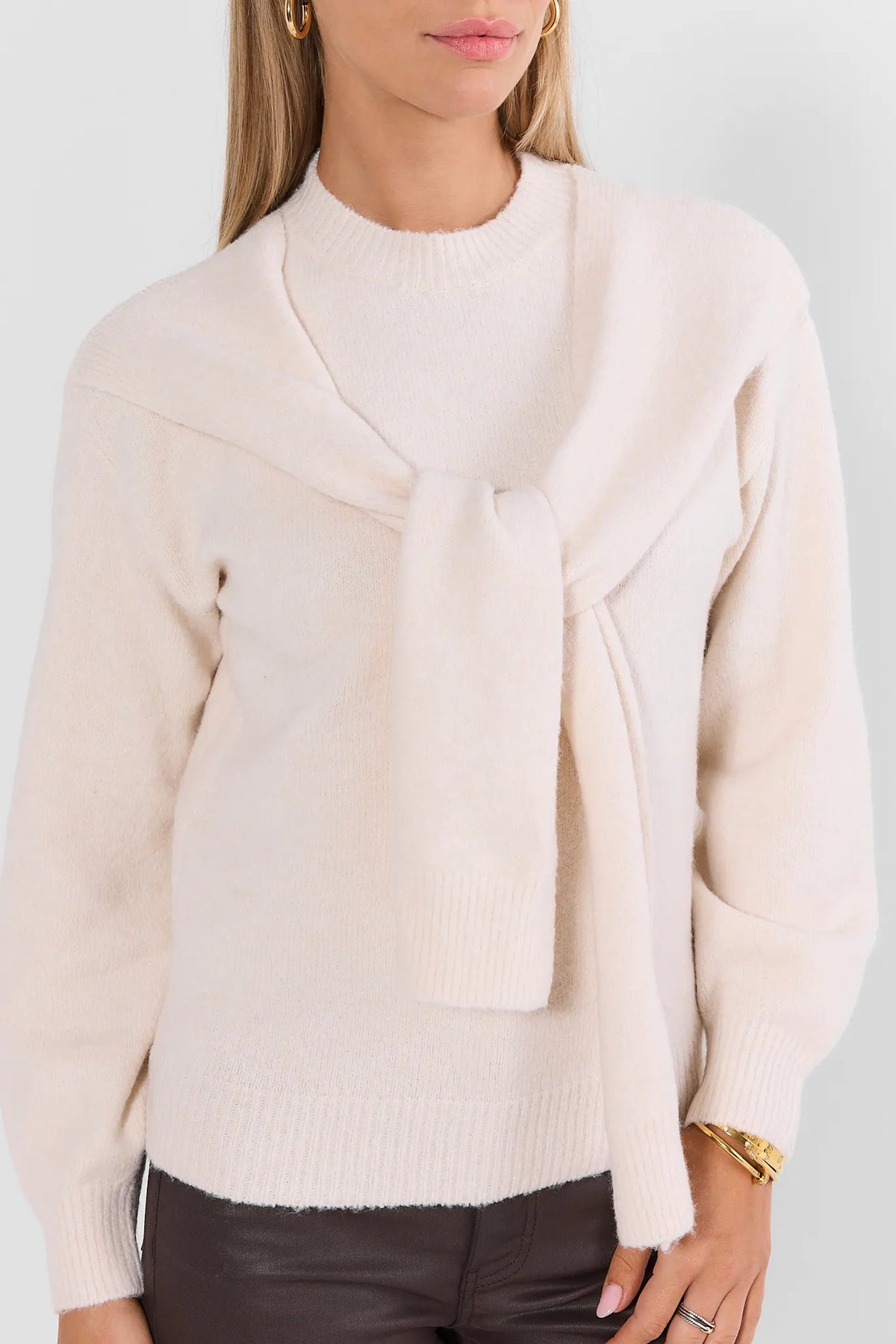 Ivory Scarf Sweater - Faux Scarf & Ribbed Trim Close-Up Detail | Avara