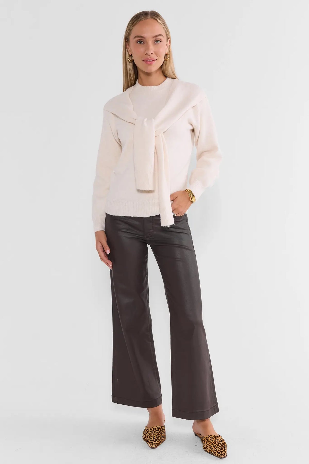 Ivory Knit Scarf Sweater - Full Length Styled Look with Dark Trousers | Avara