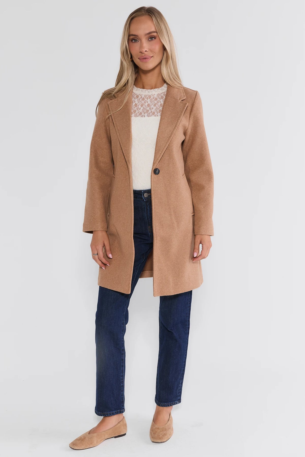 Tan Brushed Midi Coat Full-Length On Model - Styled with Jeans | Avara
