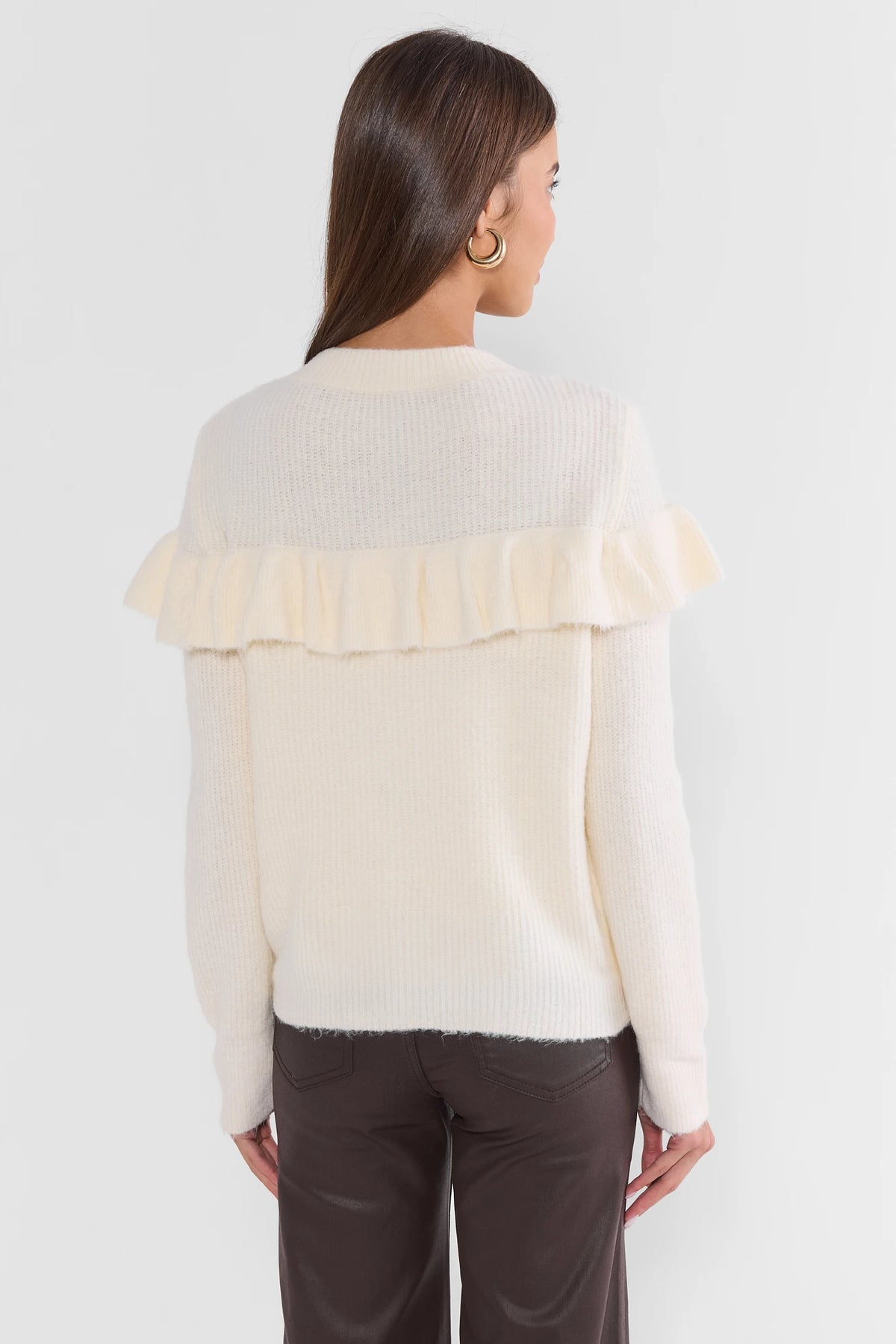 Ivory Knit Ruffle Cardigan - Back View Showing Ruffle Trim Detail | Avara
