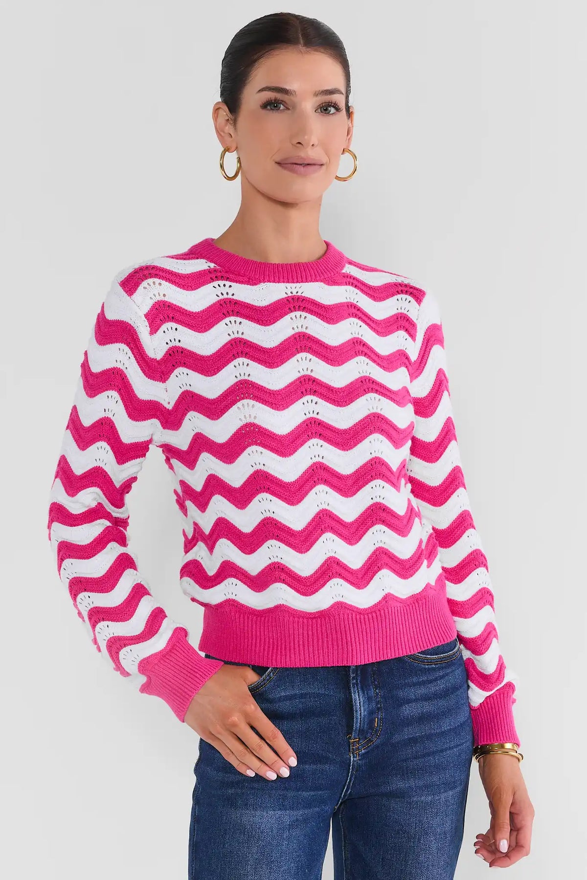 Pink & White Chevron Knit Sweater - Front View On Model with Jeans | Avara