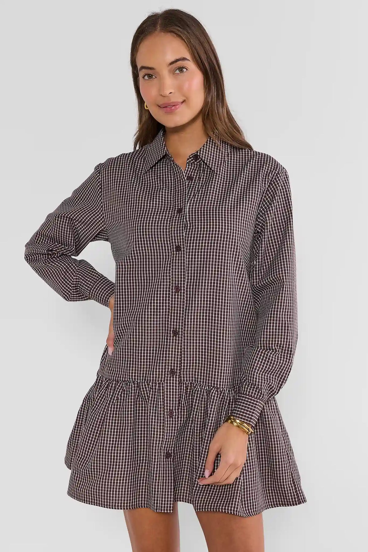 Brown Plaid Drop Waist Short Dress - Front Angle On Model | Avara