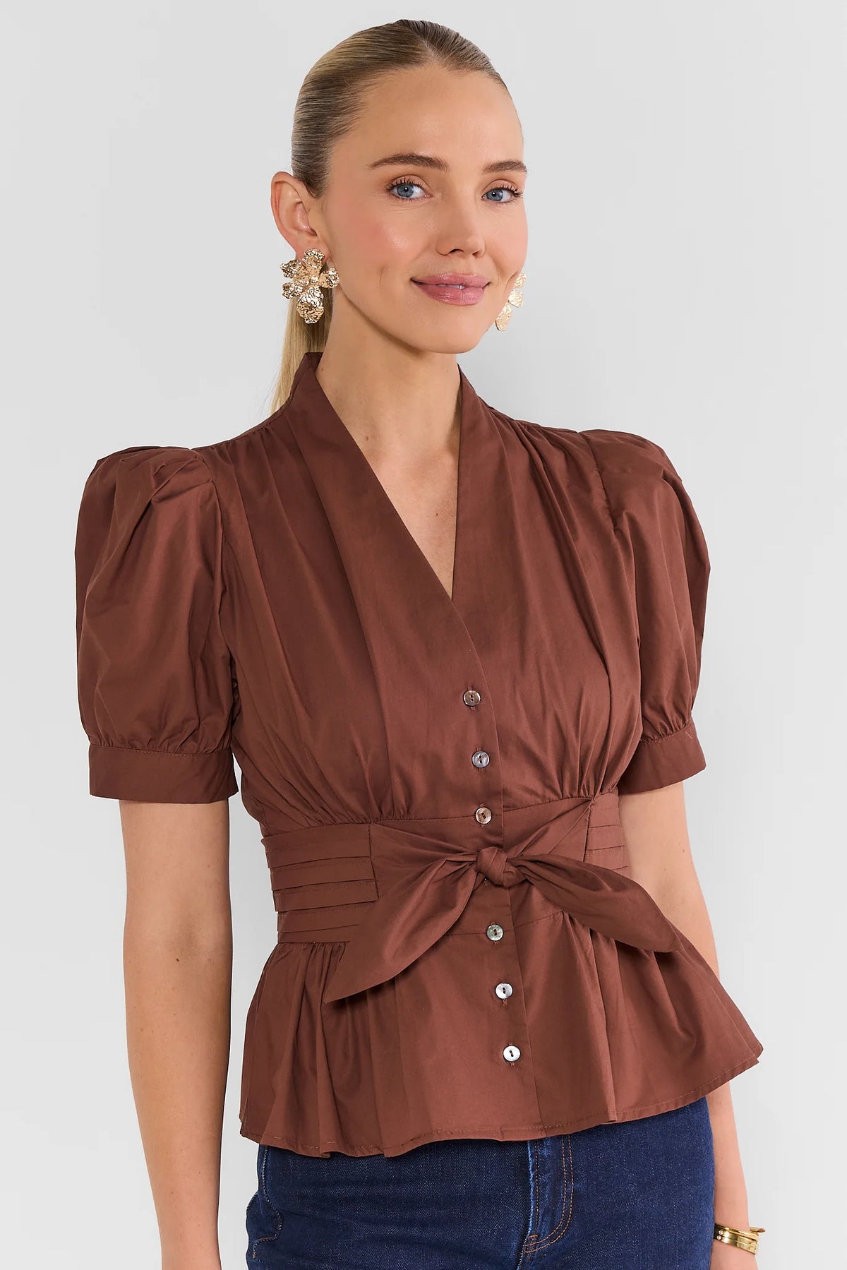 Brown Cotton Pleated Tie Waist Top - Front View, V-Neckline & Puff Sleeves On Model | Avara