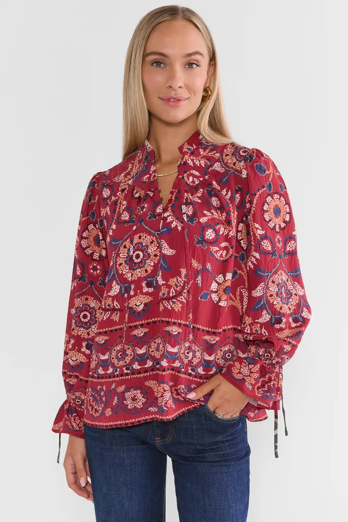Haven Burgundy Printed Split Neck Top