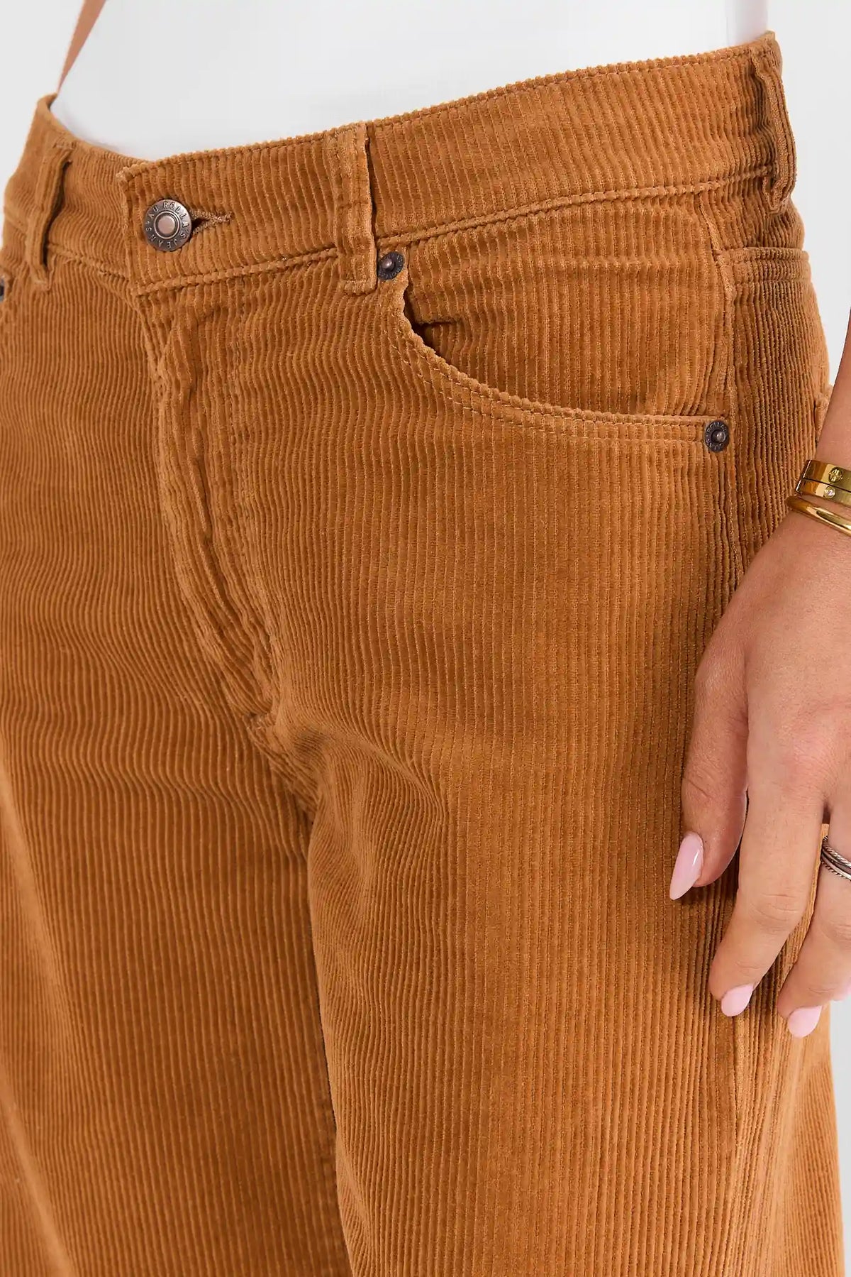 Camel Corduroy Wide Leg Pants - Waistband & Pocket Hardware Detail | Avara
