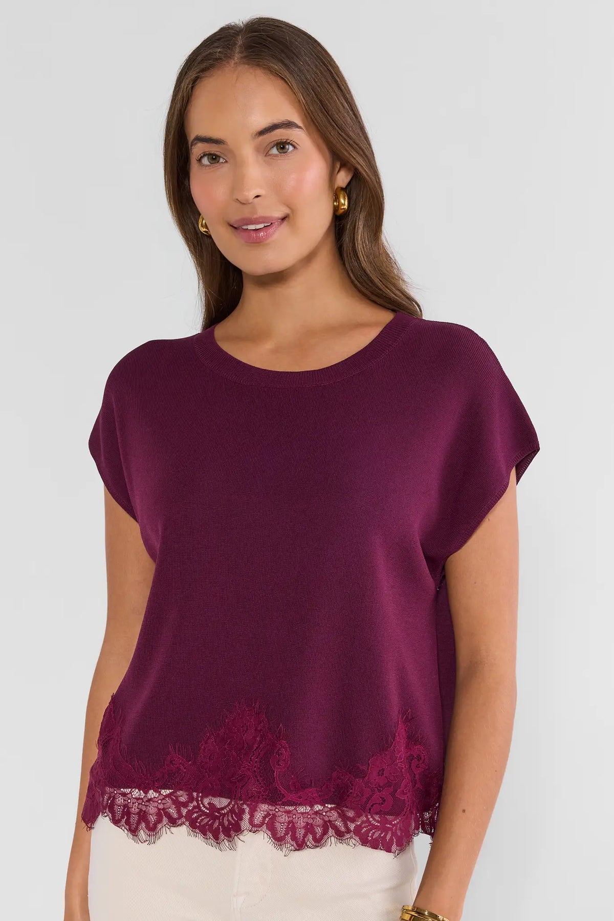 Burgundy Lace Trim Knit Top - Front View, Round Neckline & Lace Hem Detail | Avara
