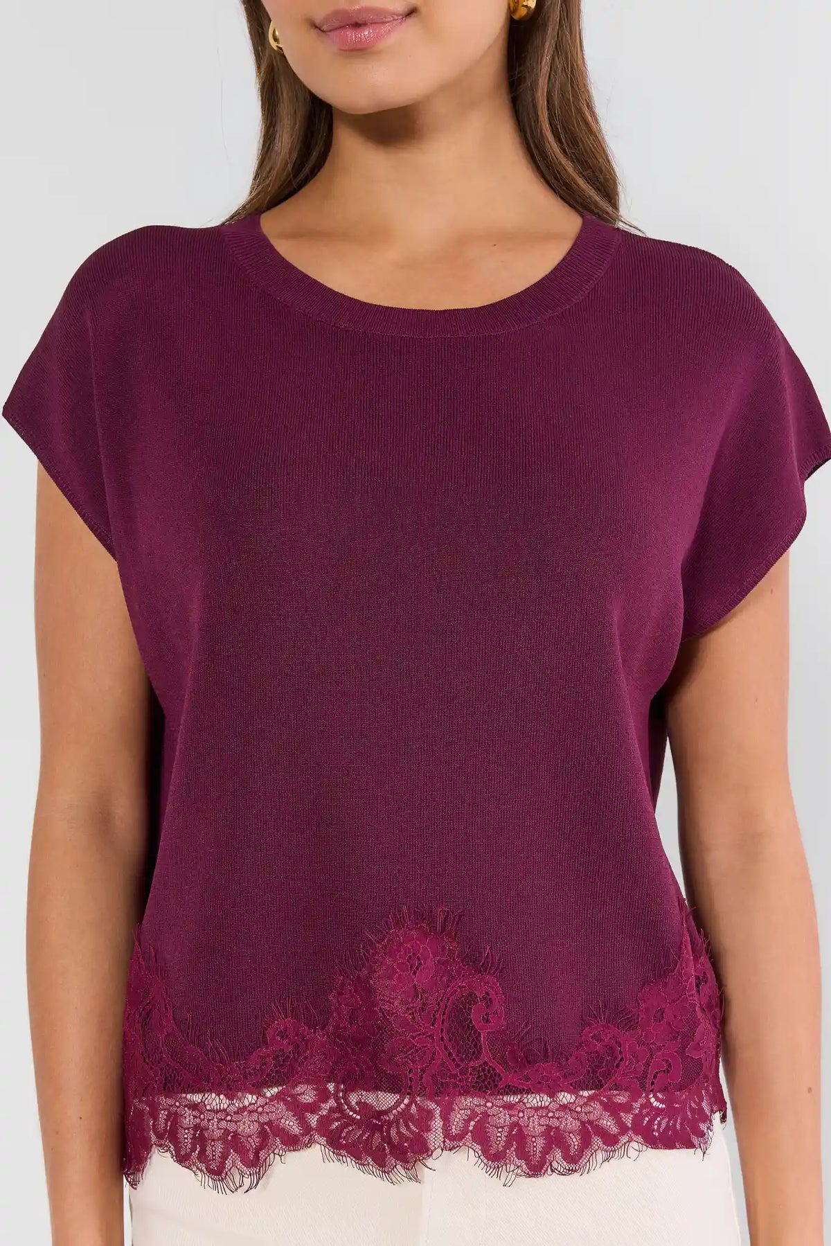 Burgundy Lace Trim Knit Top - Close-Up Lace Hem & Knit Texture Detail | Avara
