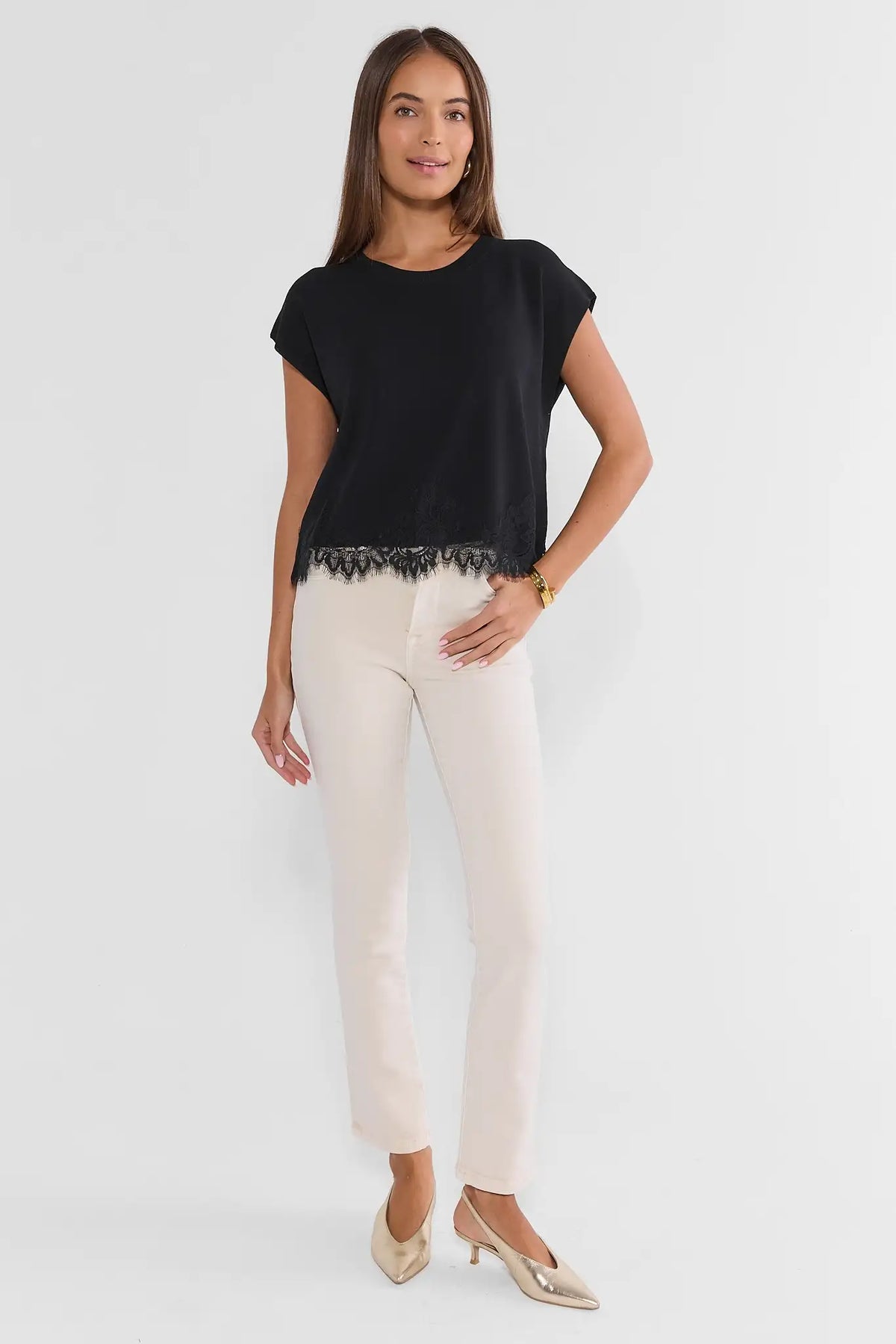 Black Lace Trim Knit Top - Full Length Front View, Styled with Cream Trousers | Avara