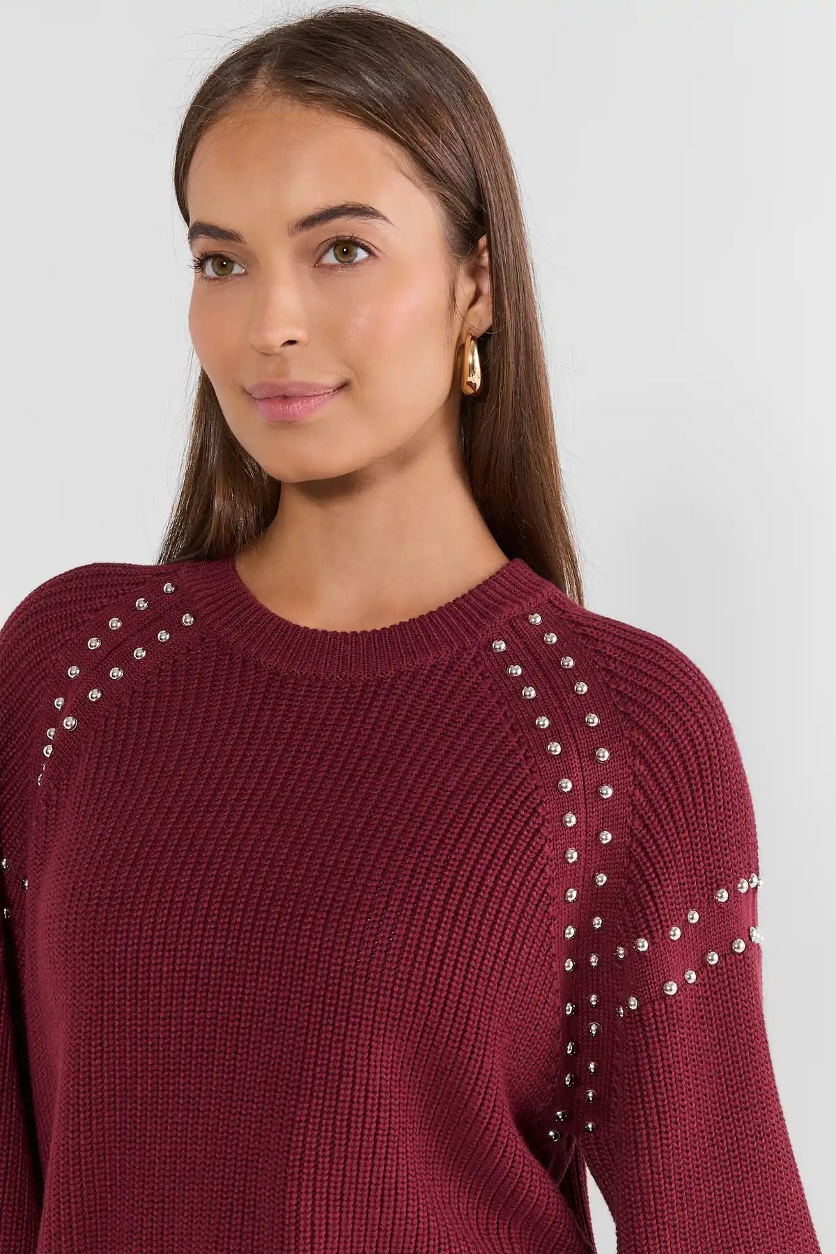 Burgundy Ribbed Knit Sweater - Silver Stud Shoulder Detail Close-Up | Avara