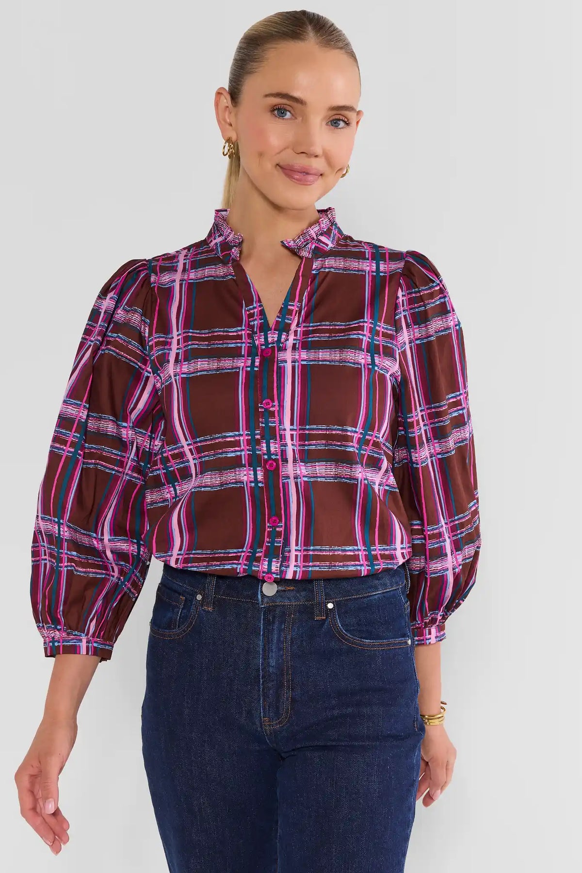 Burgundy Plaid Printed Button Up Top - Front View On Model | Avara