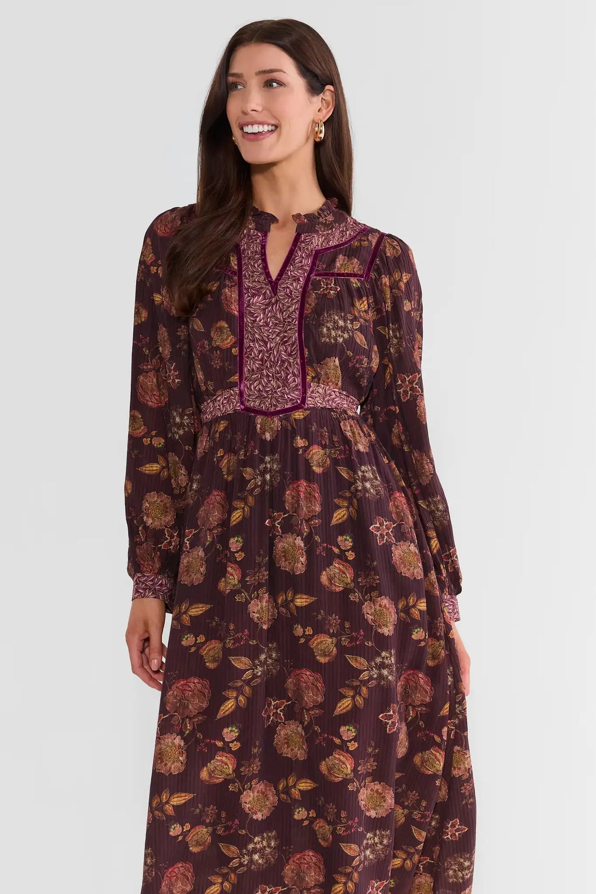 Burgundy Floral Print Midi Dress - Front Three-Quarter View, Long Sleeves & Velvet Trim | Avara