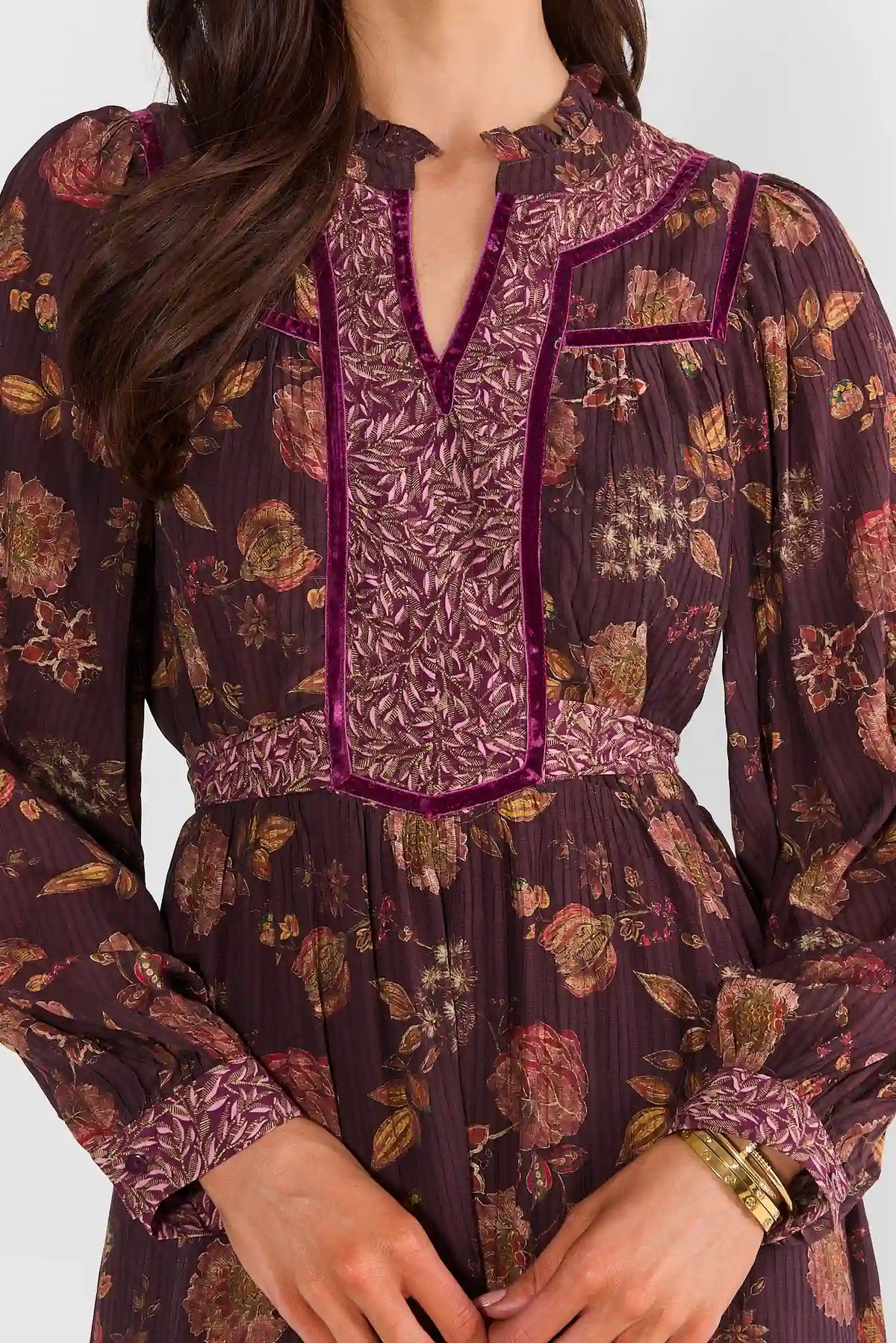 Burgundy Floral Midi Dress - Bodice Close-Up, Velvet Trim & Mixed Print Bib Detail | Avara