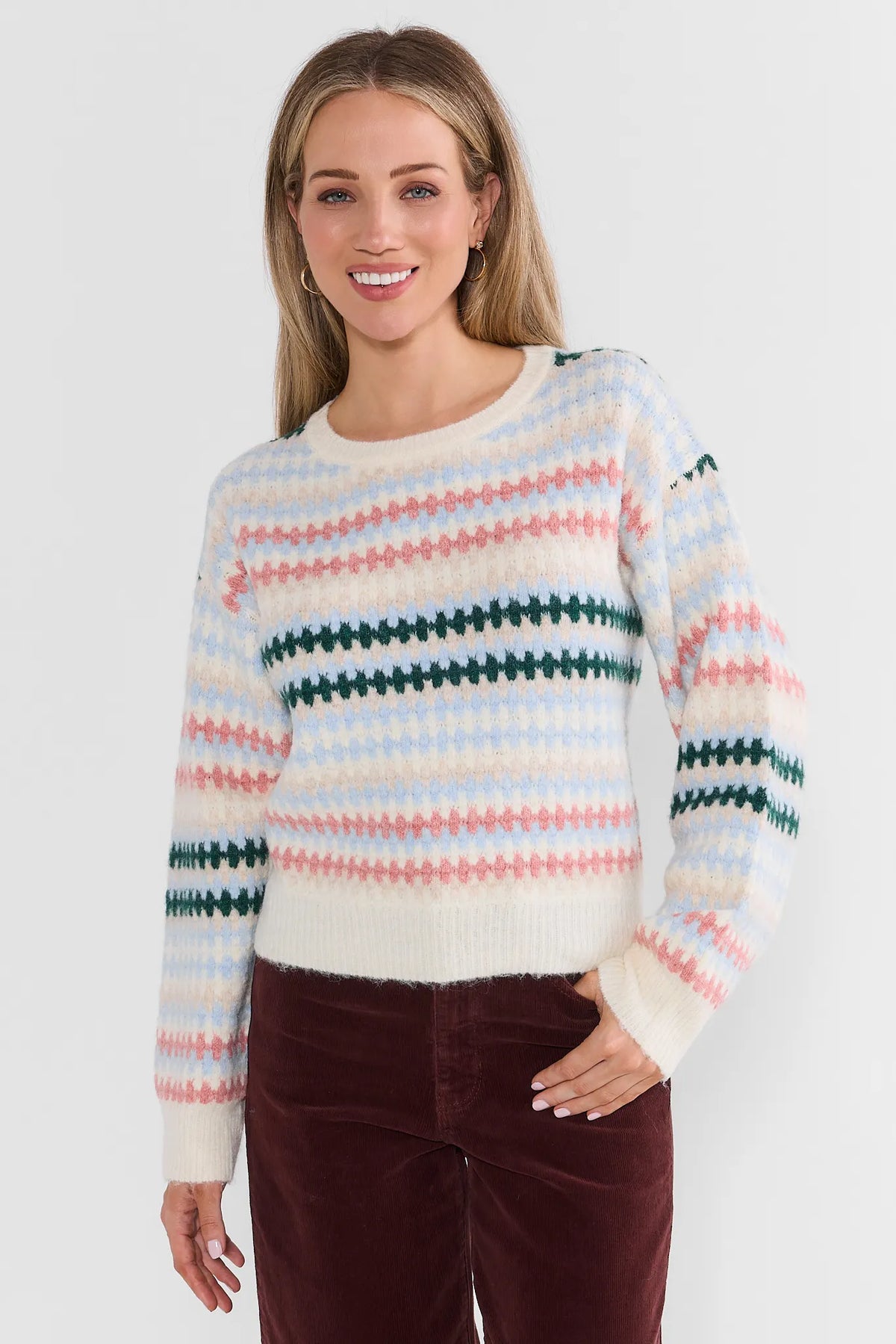 Ivory Multi Striped Knit Sweater - Front View, Crew Neckline | Avara