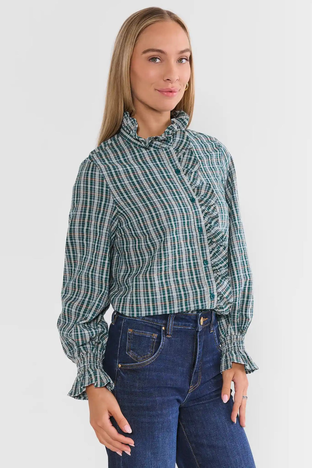 Green Plaid Ruffle Top - Side View with Smocked Ruffle Cuffs, Styled with Dark Denim | Avara
