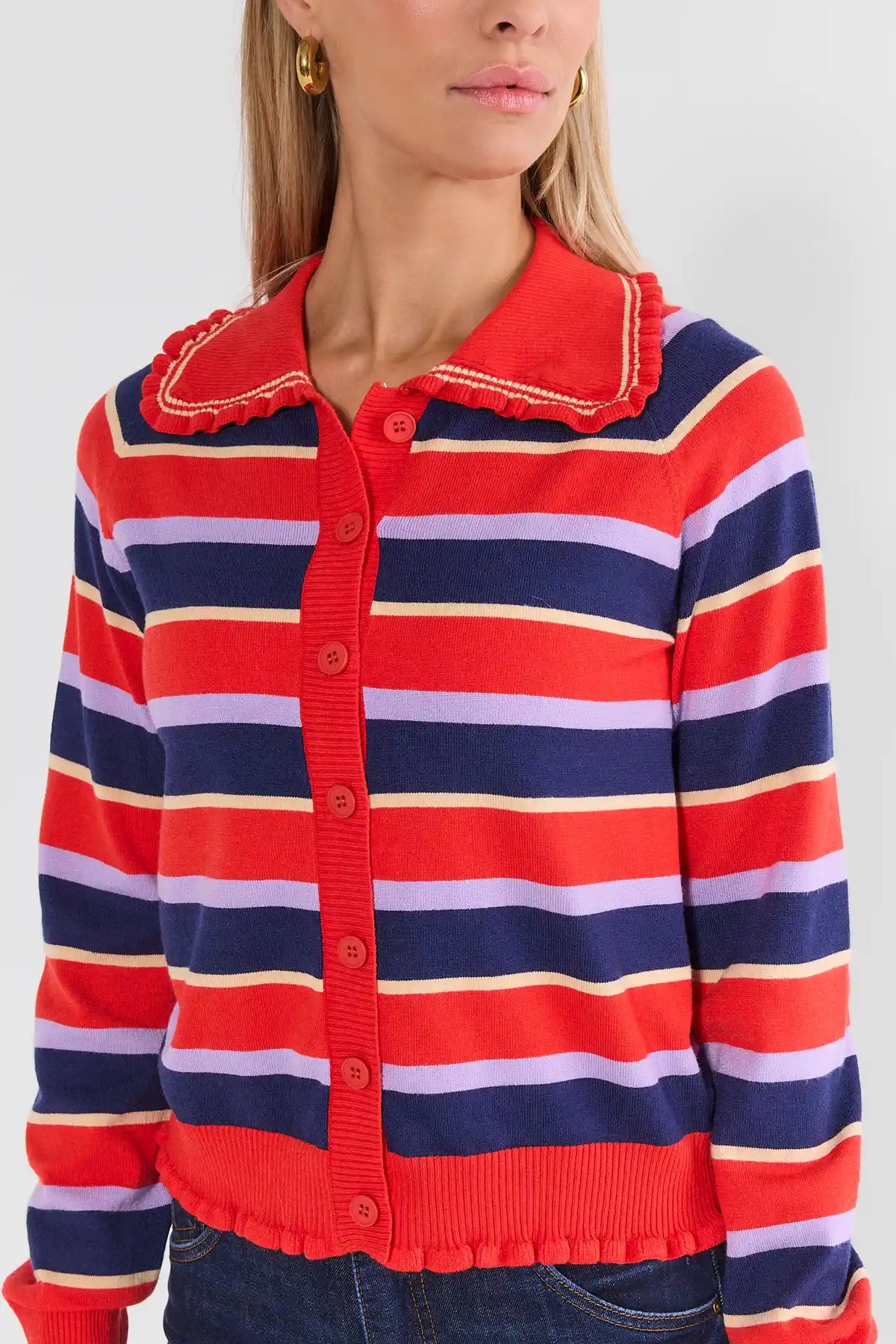 Red Striped Ruffle Trim Cardigan