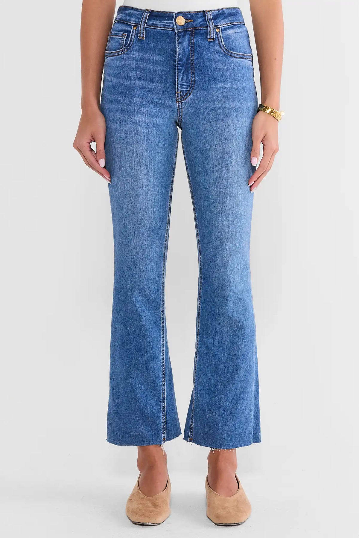 Kelsey Dark Medium Kick Flare Jeans by KUT
