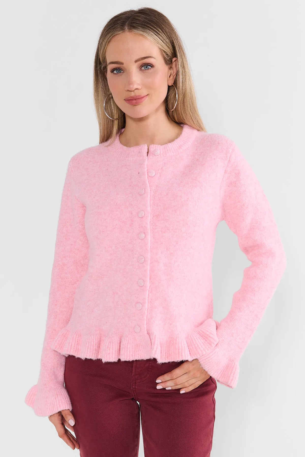 Caroline Pink Ruffle Trim Cardigan