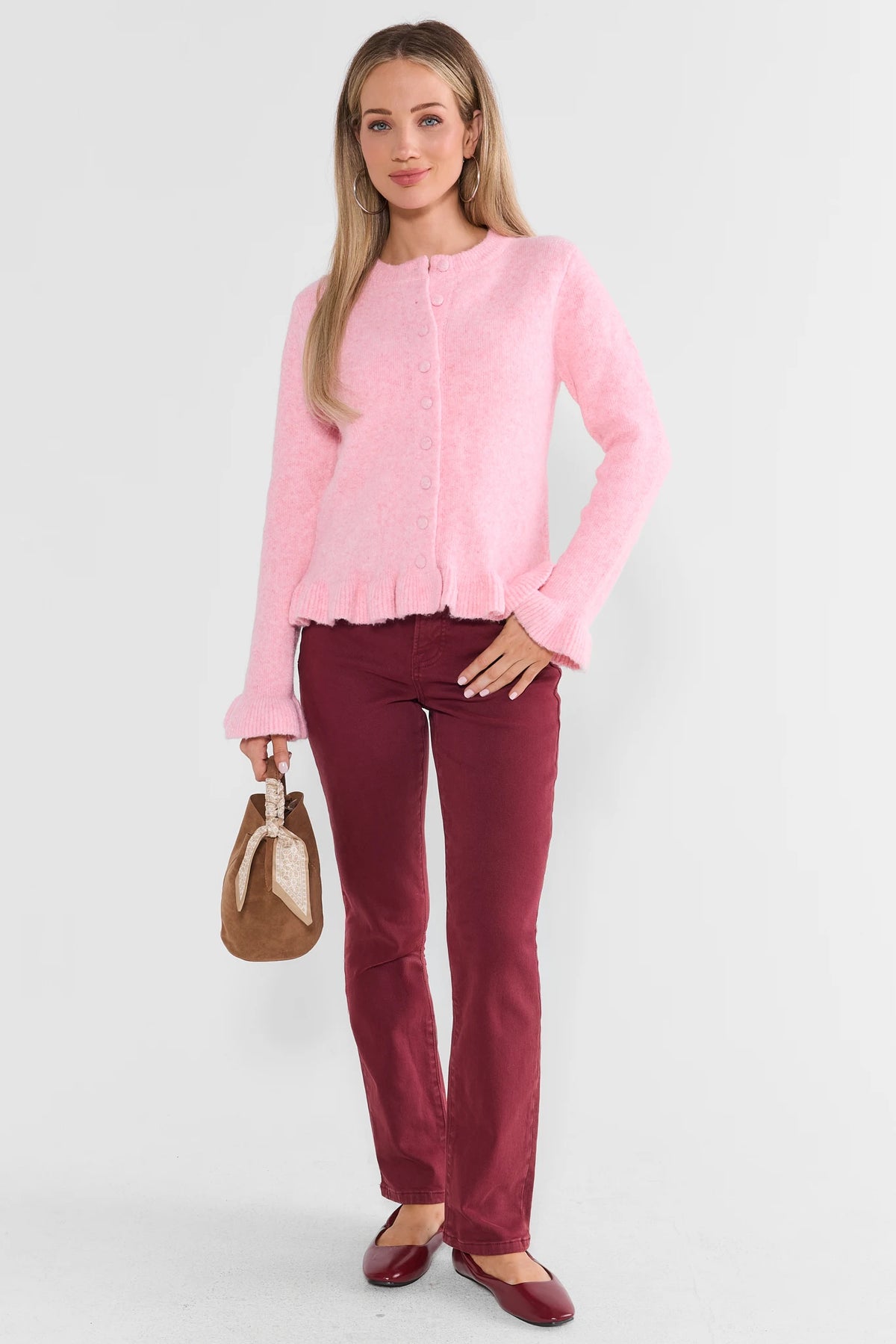 Caroline Pink Ruffle Trim Cardigan