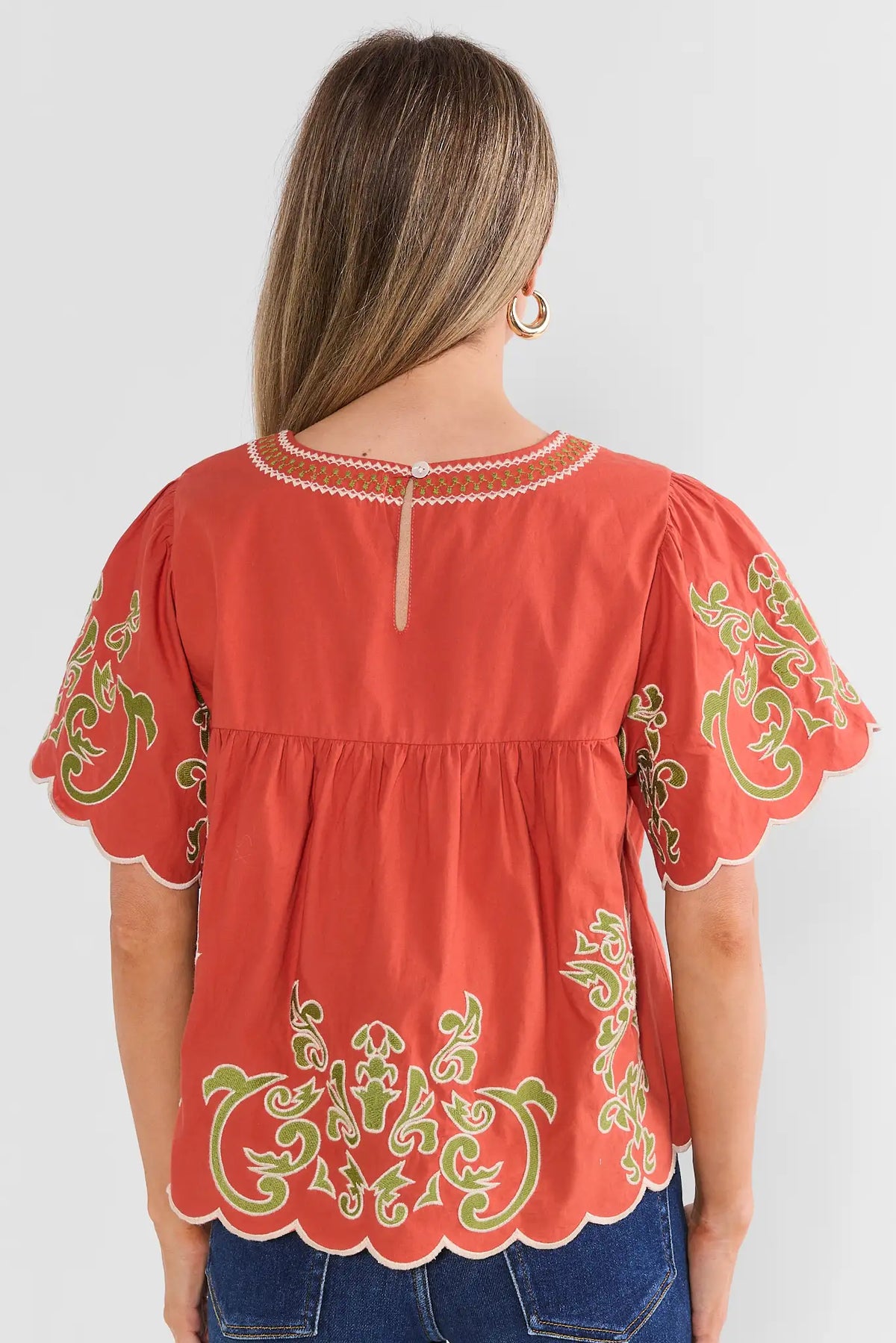 Erin Rust Embroidered Scalloped Top by THML