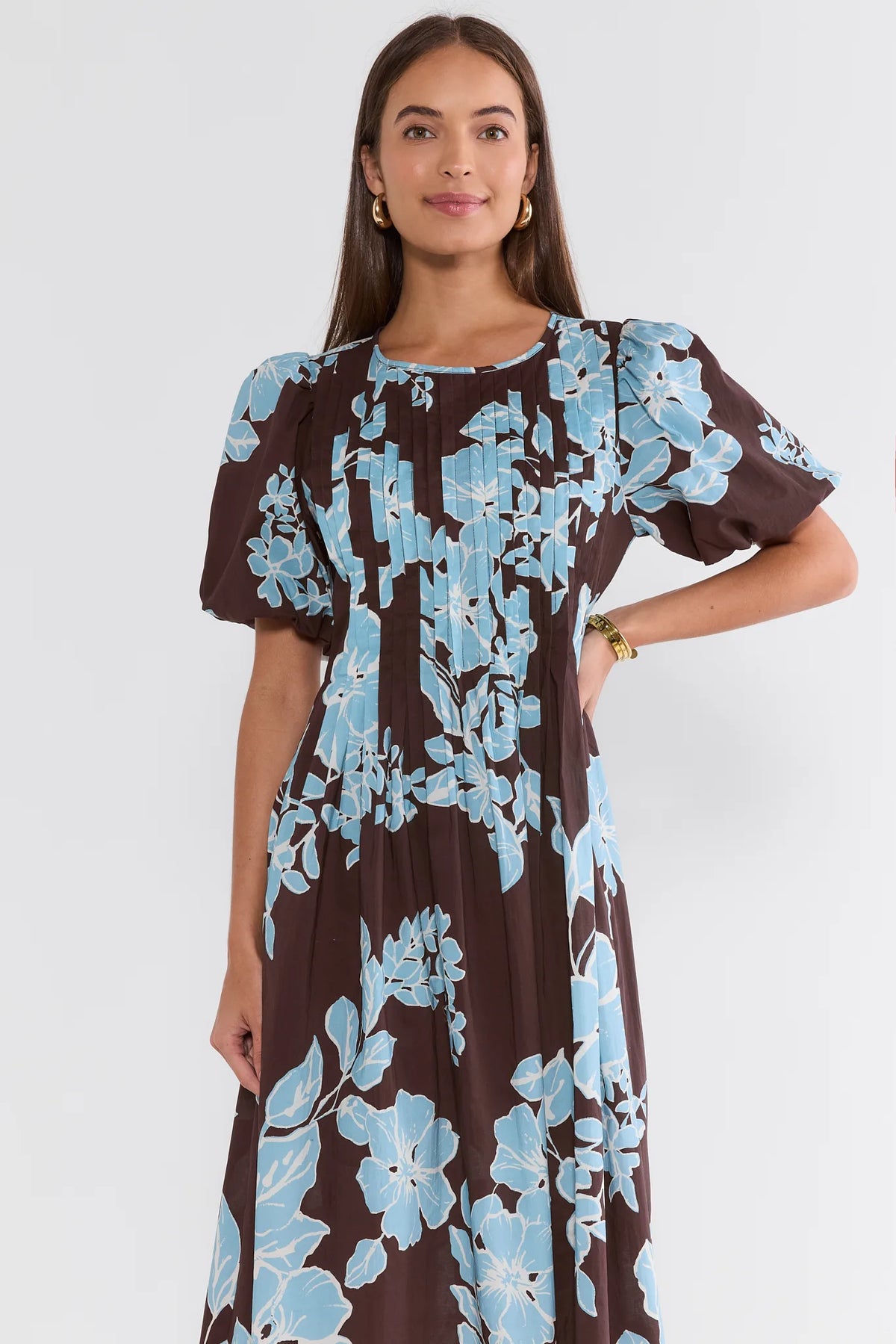Brown Floral Pleated Detail Midi Dress