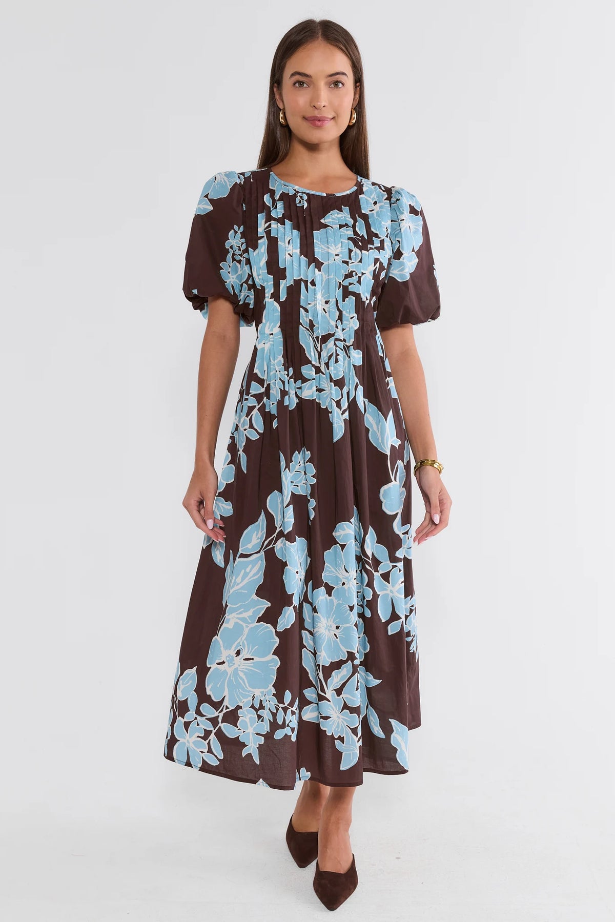 Brown Floral Pleated Detail Midi Dress