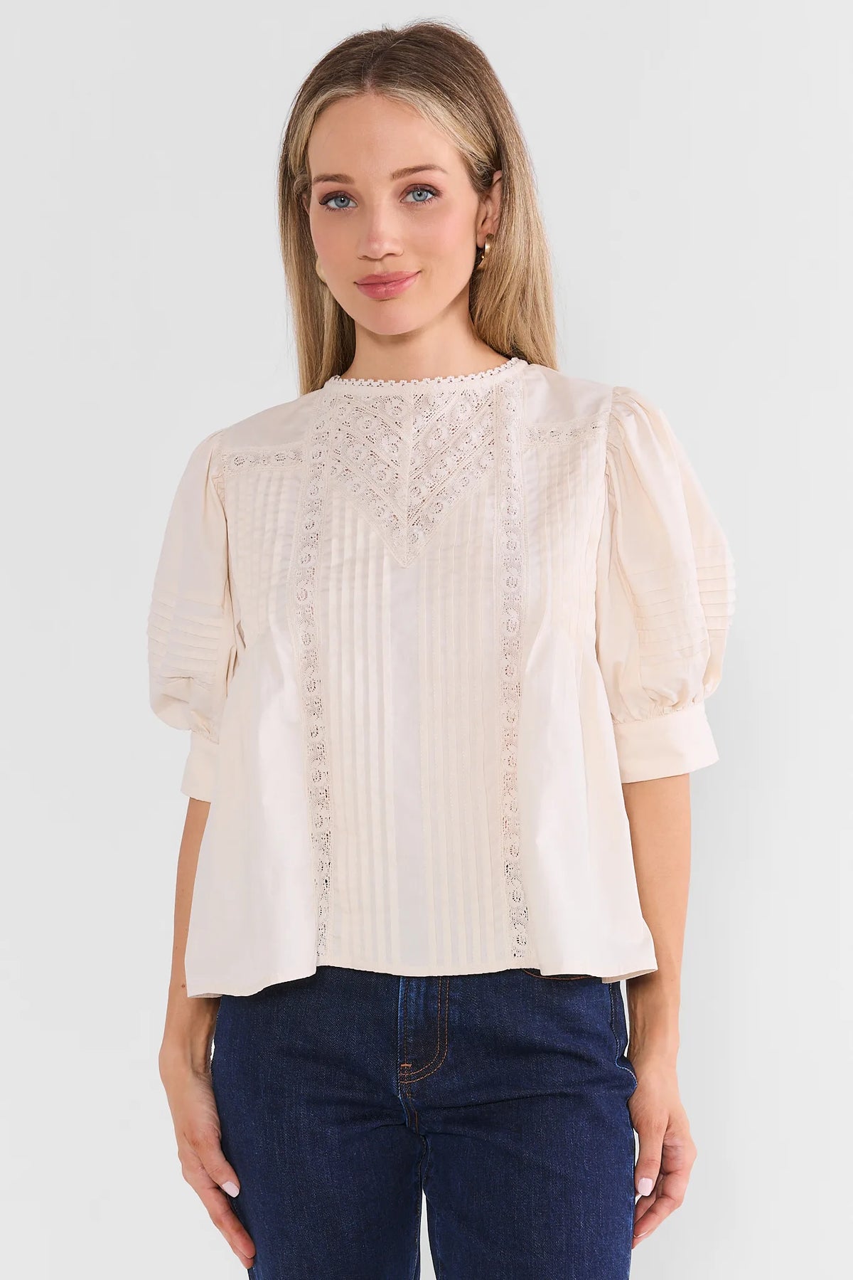 Ruby Ivory Lace Detail Pleated Top
