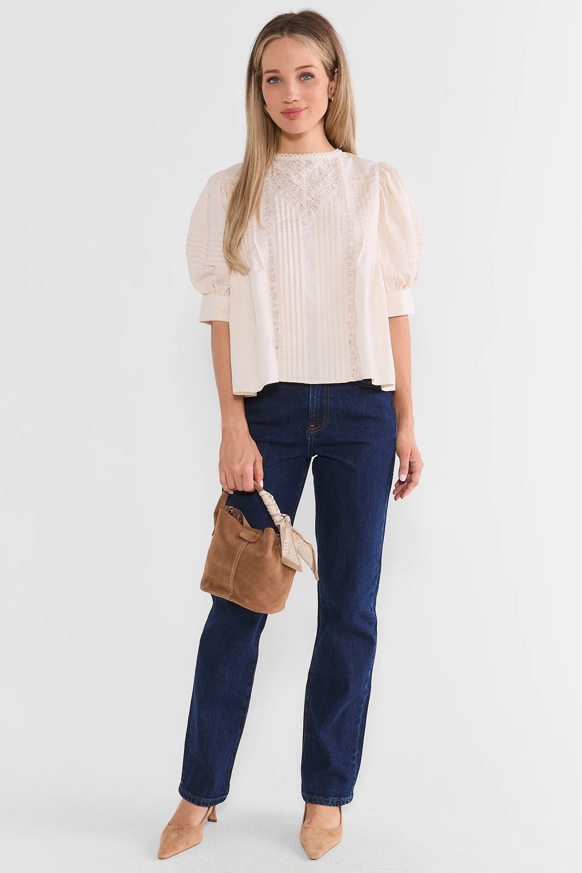 Ruby Ivory Lace Detail Pleated Top