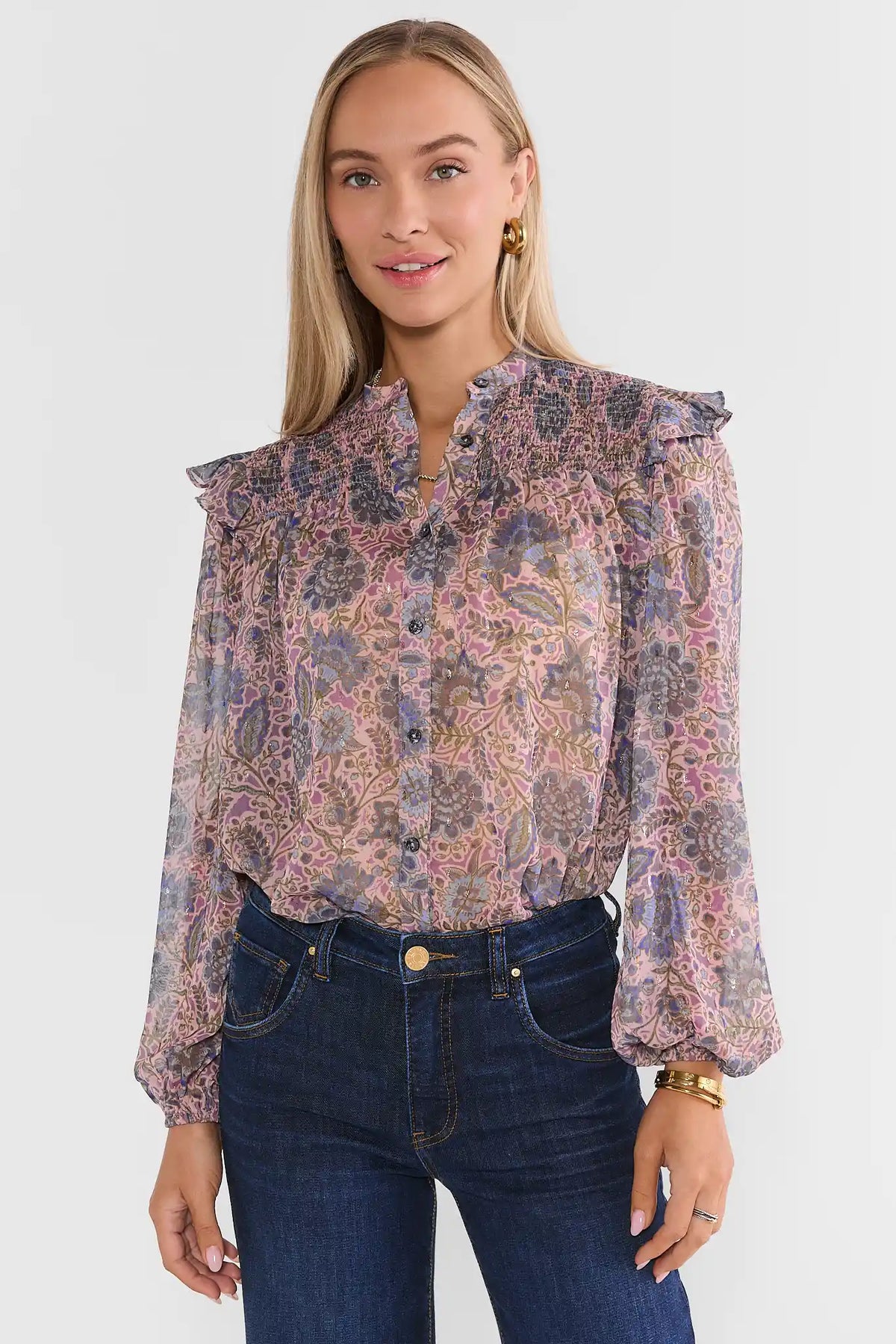 Purple Multi Printed Button Up Top