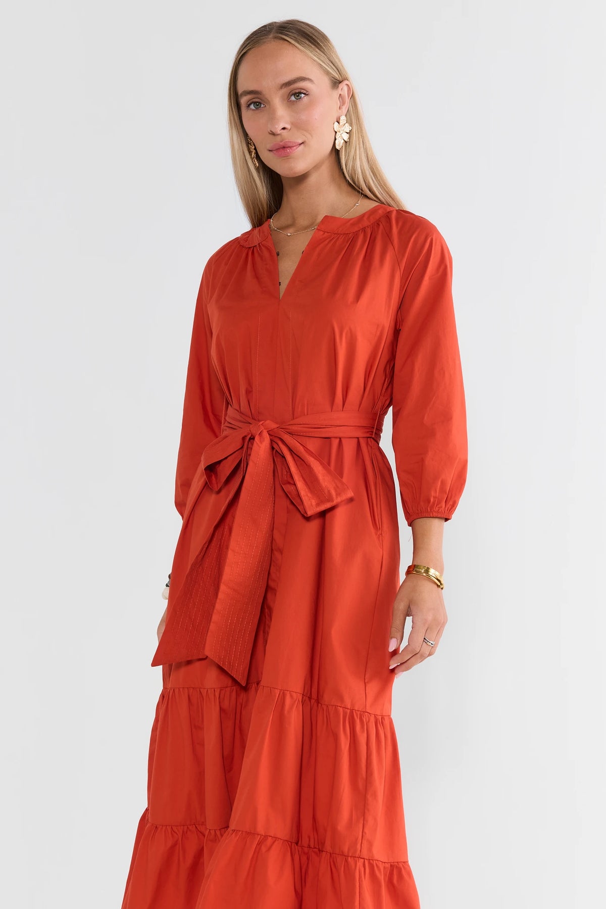 Rust Tiered Belted Mid Dress