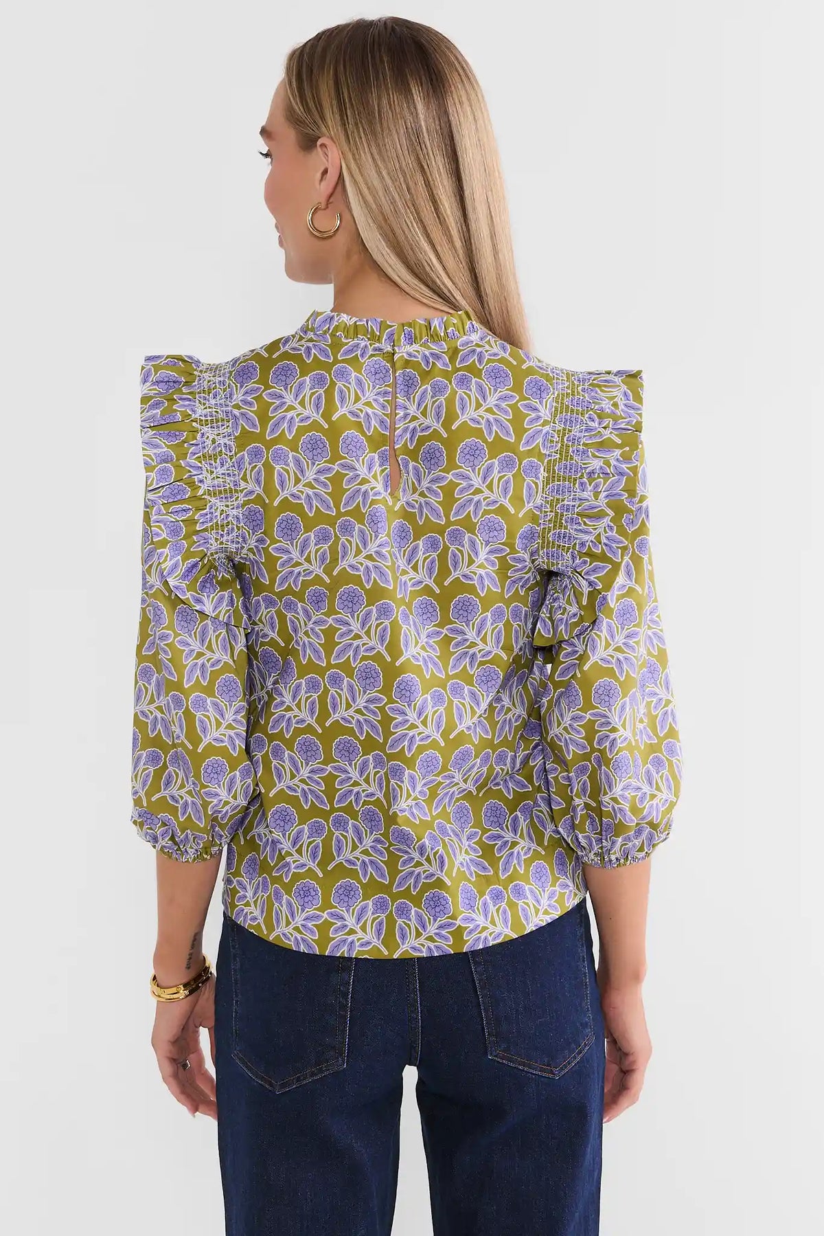 Green Block Print Ruffle Top