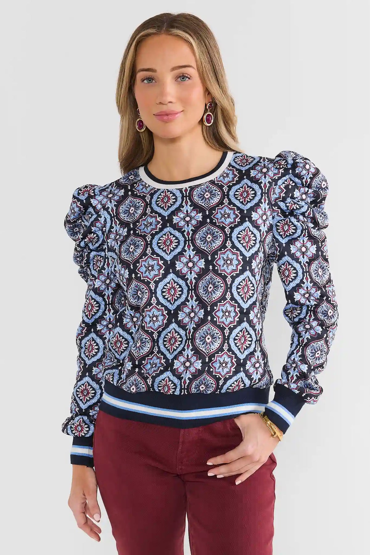 Navy Printed Contrast Trim Top