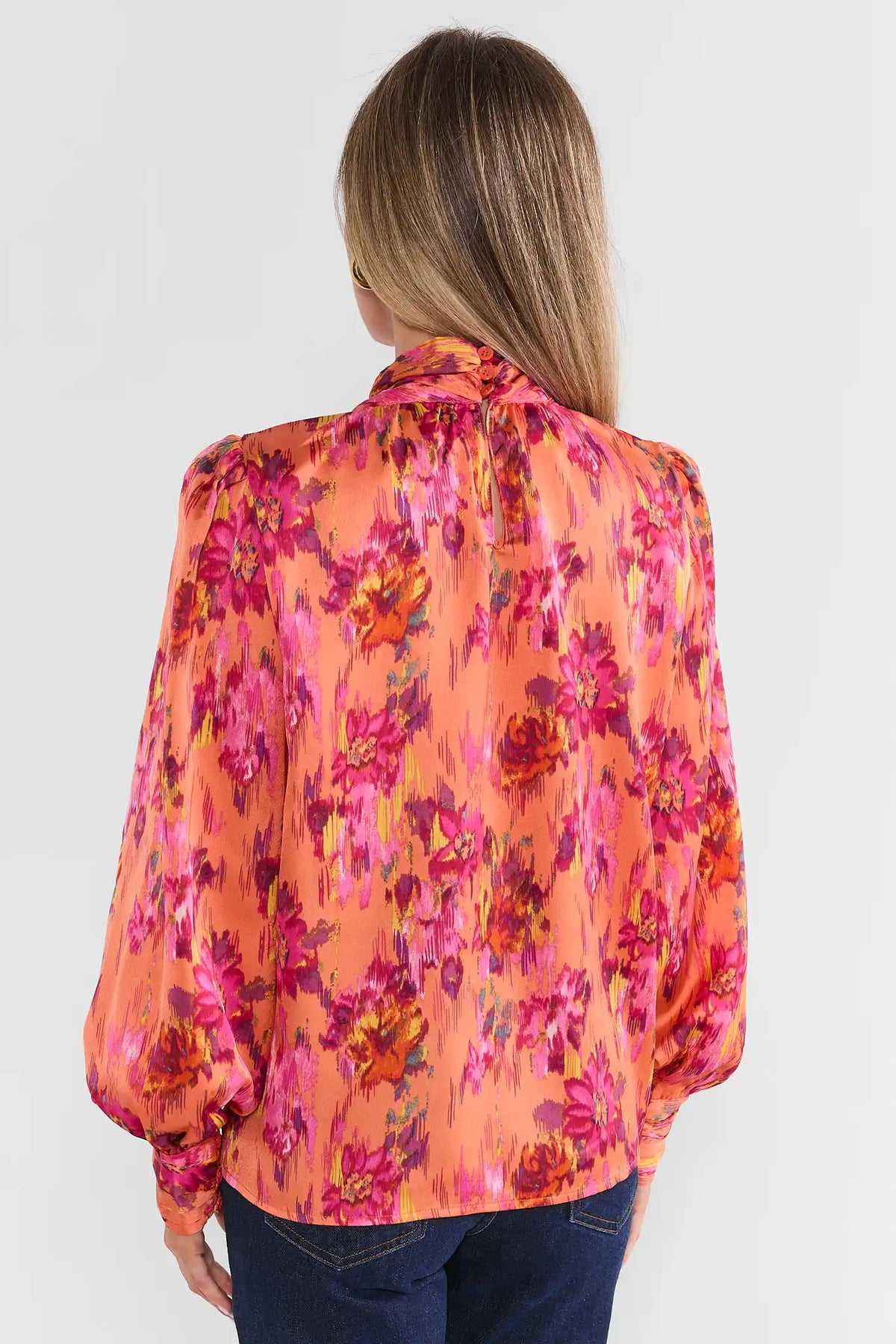 Orange Floral Printed Tie Neck Top