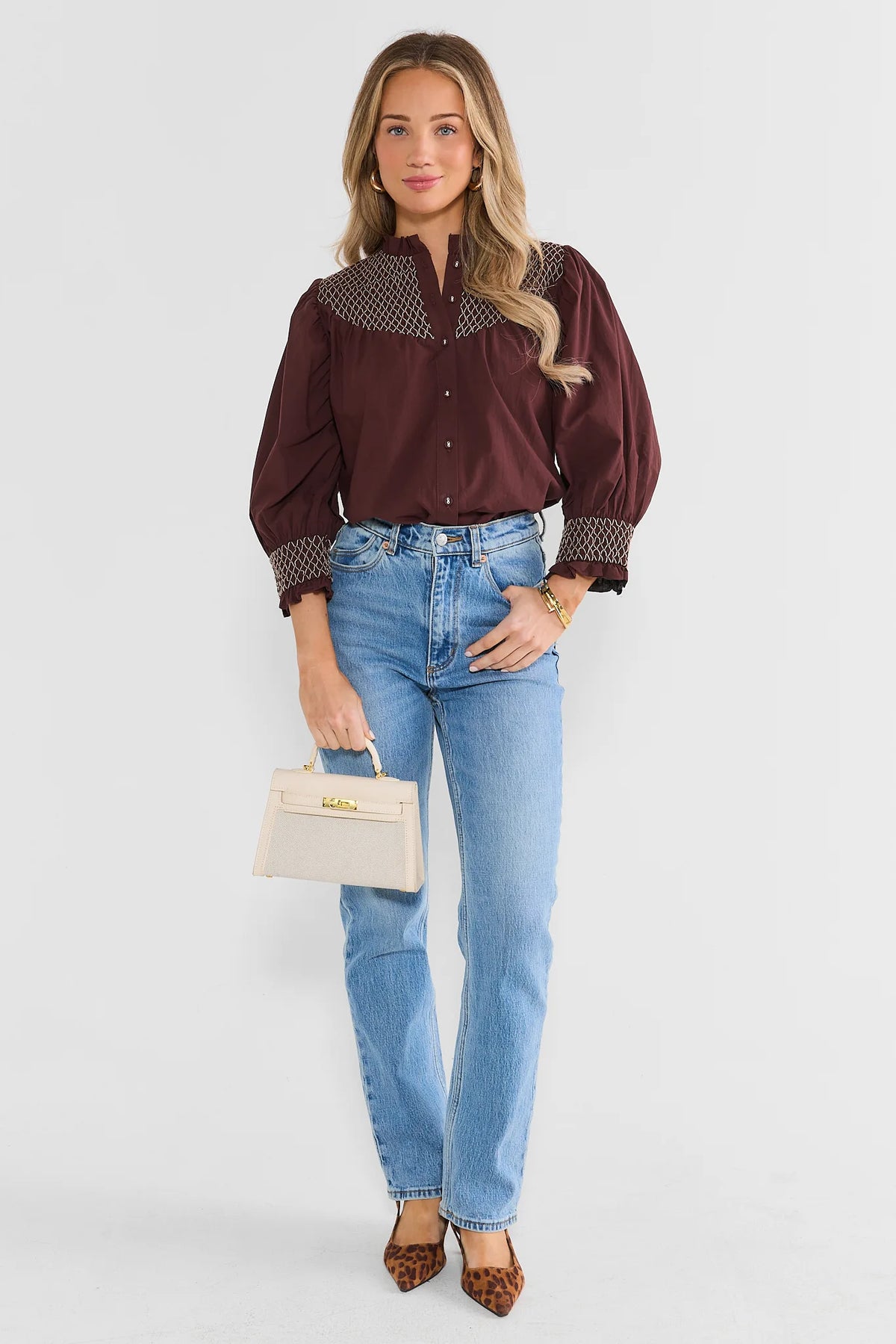 Brown Smocked Button Up Top