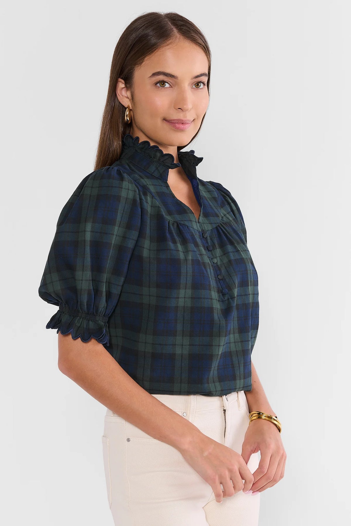 Hailey Navy Plaid Ruffle Trim Top