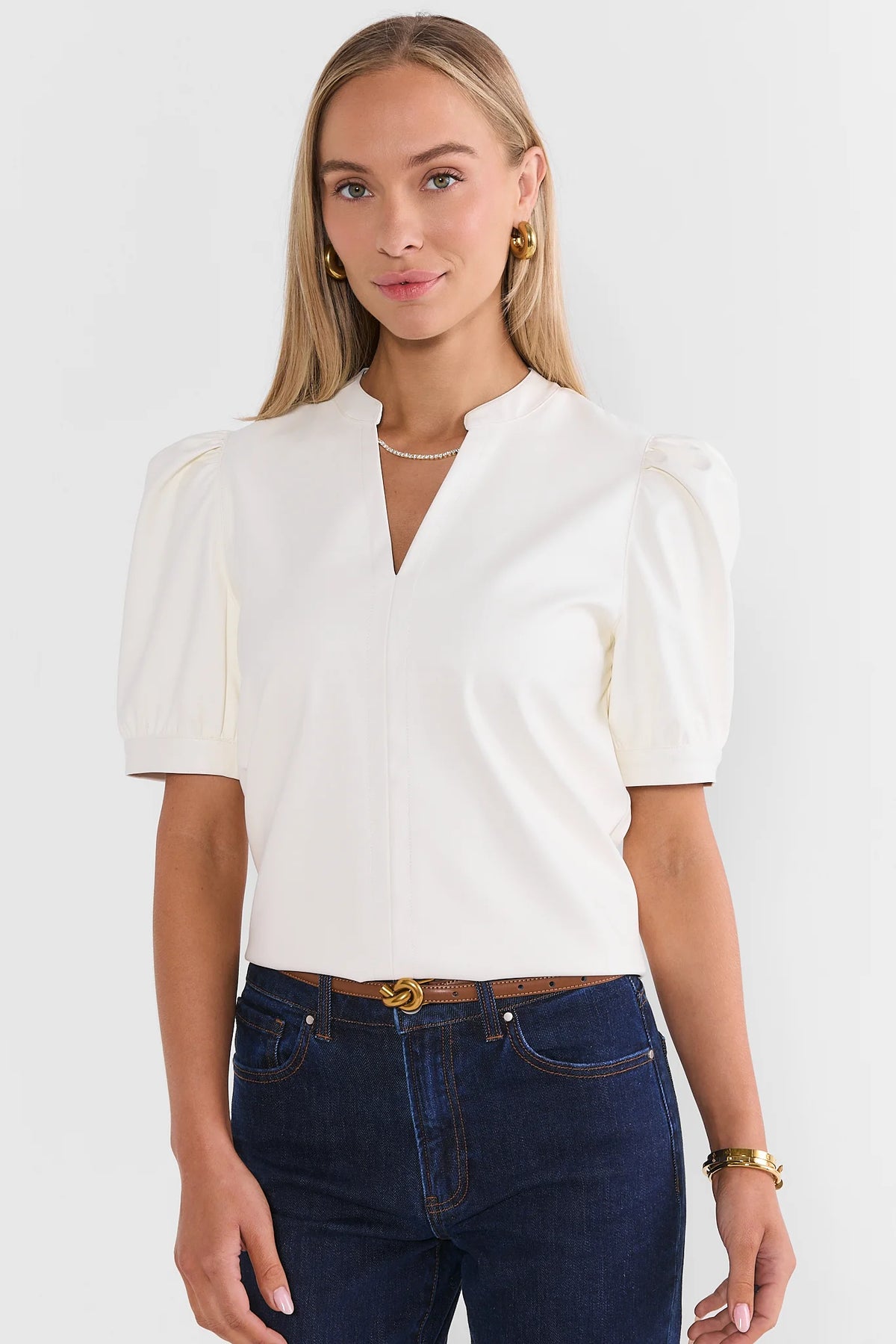 Cream Faux Leather Split Neck Top | Avara
