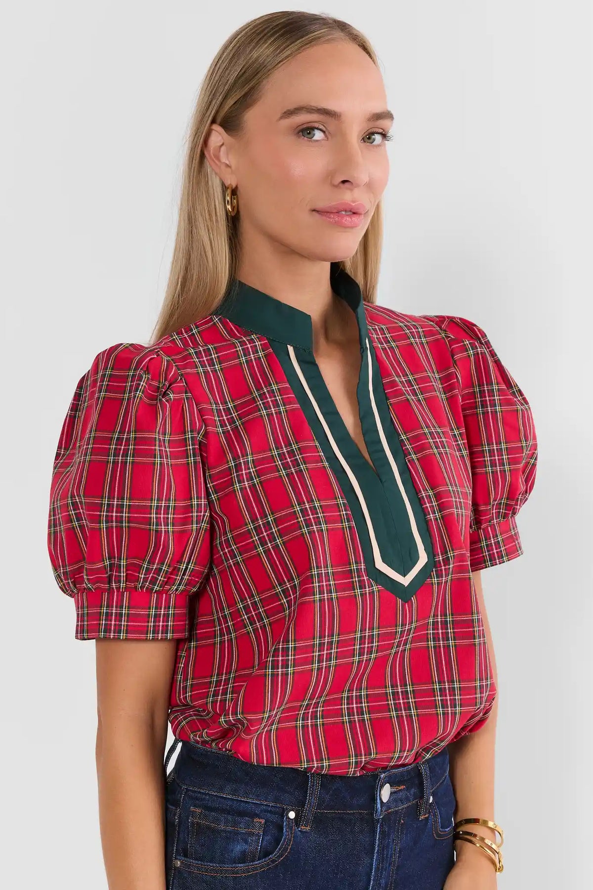 Madeline Red Plaid Contrast Trim Top