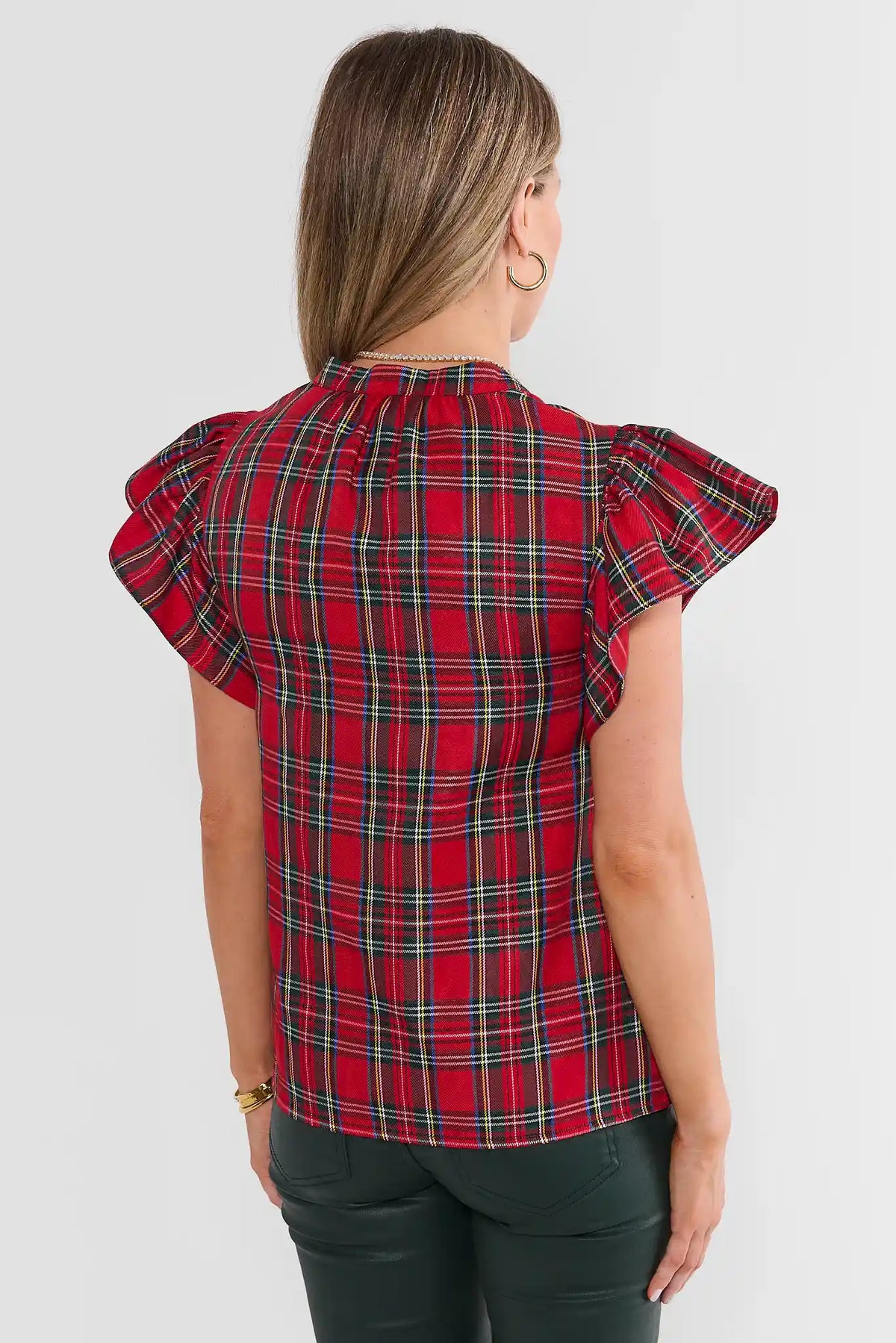 Camryn Red Plaid Flutter Sleeve Top