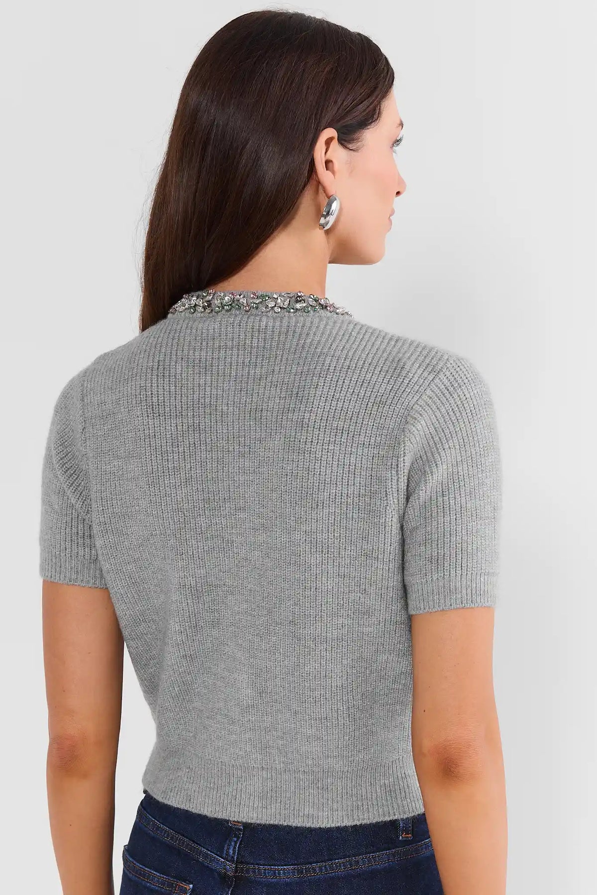 Grey Embellished Collar Cardigan Top