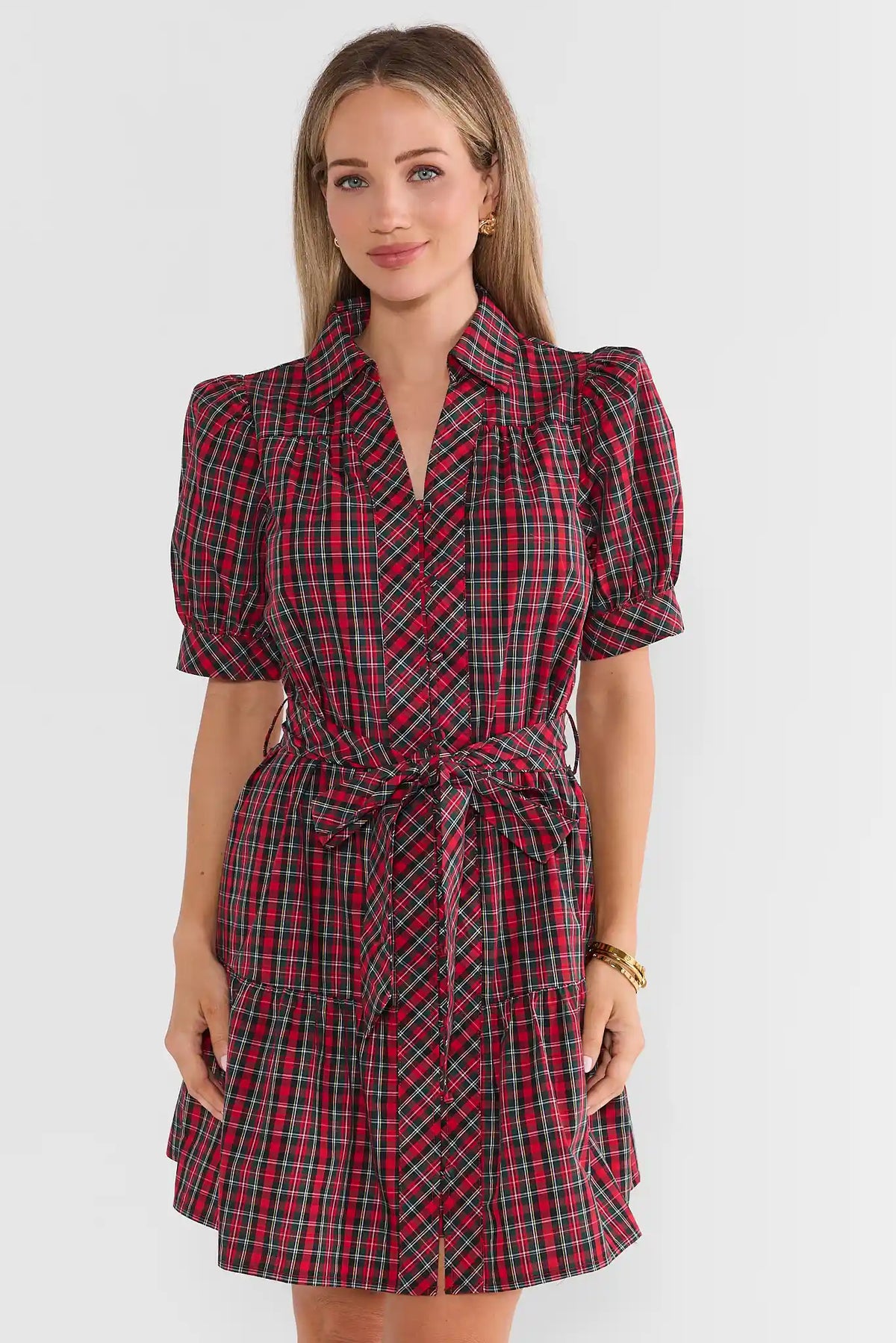 Red Plaid Button-Up Short Dress - Front View, Puff Sleeve & Tie Waist | Avara